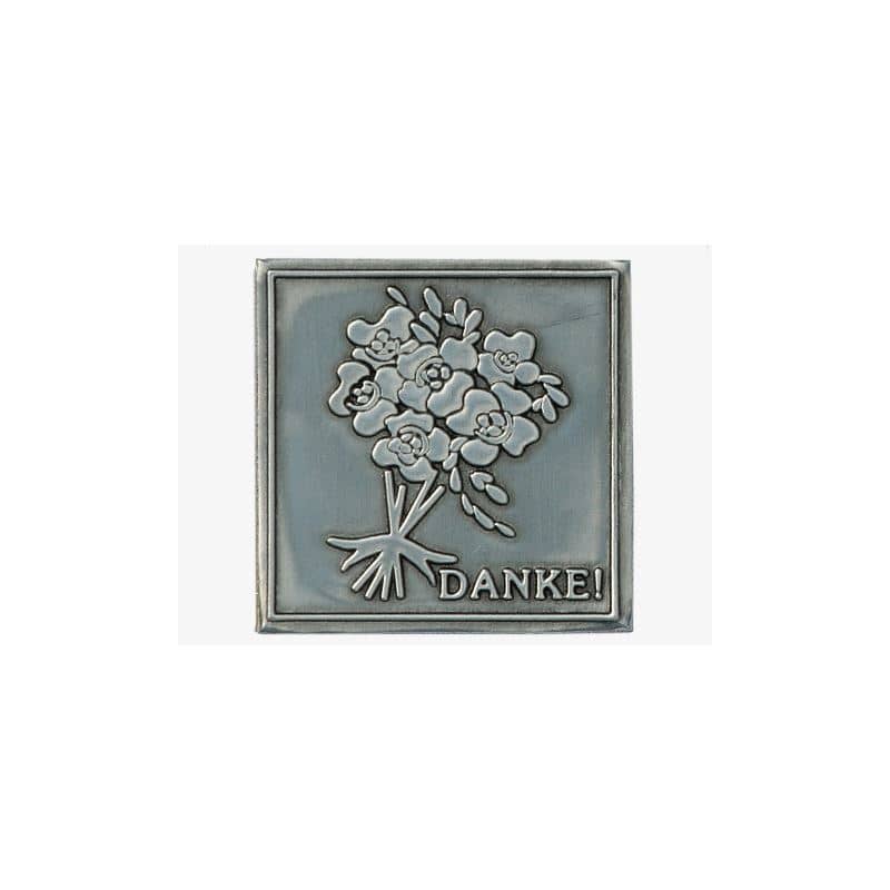 Étiquette en étain 'Danke', carrée, métal, argentée Étiquette en étain 'Danke', carrée, métal, argentée