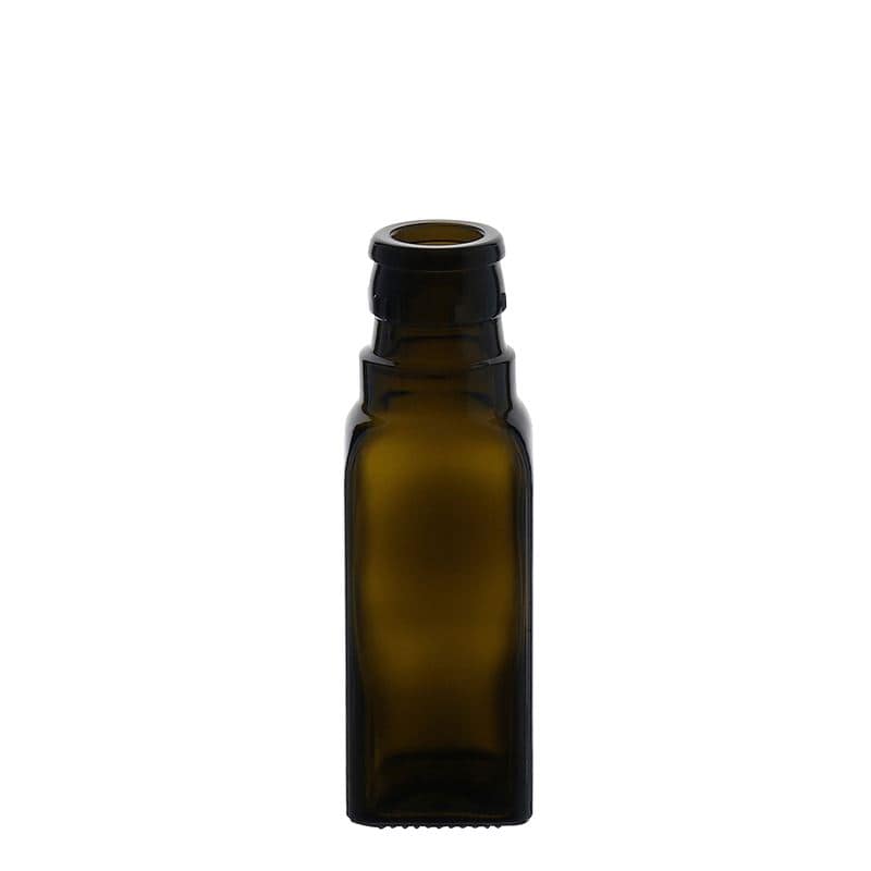 Bouteille de vinaigre / d’huile 100 ml 'Quadra', verre, carrée, vert antique, bouchage: DOP