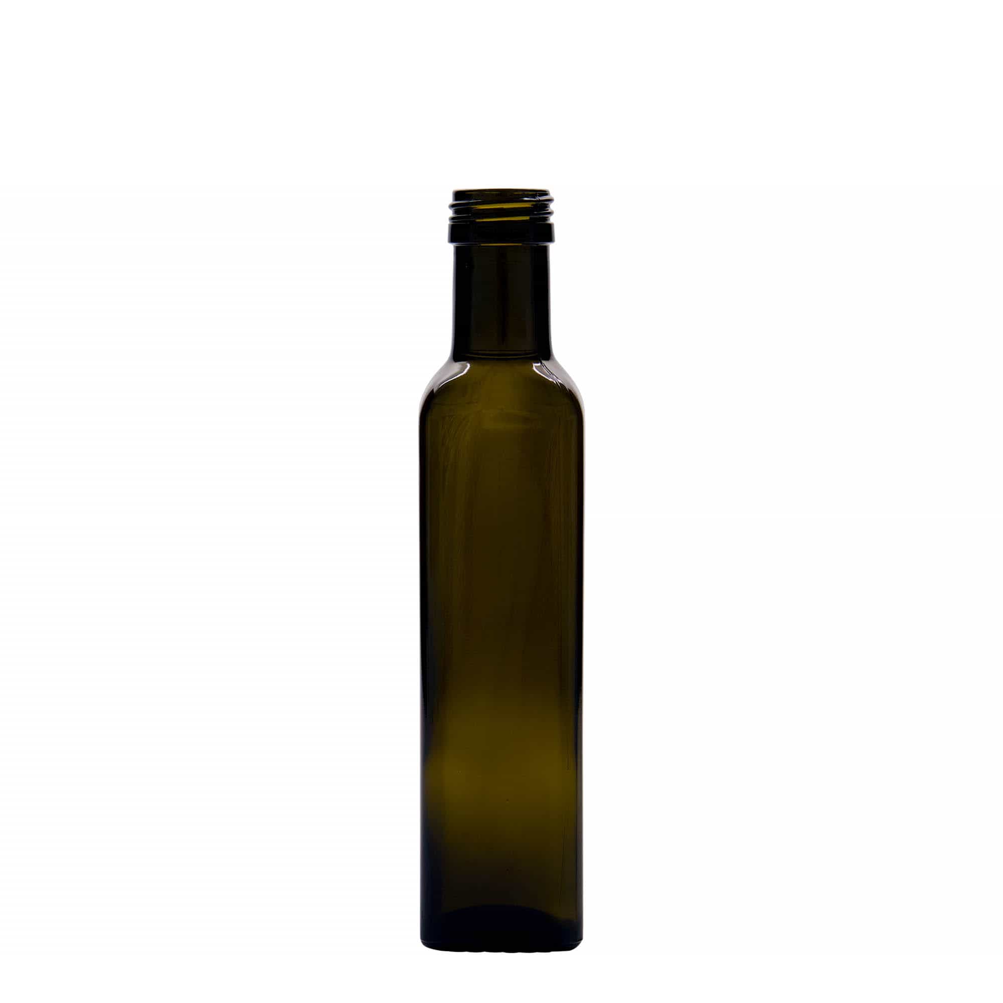 Flacon en verre 250 ml « Marasca », carré, vert antique, ouverture : PP 31,5