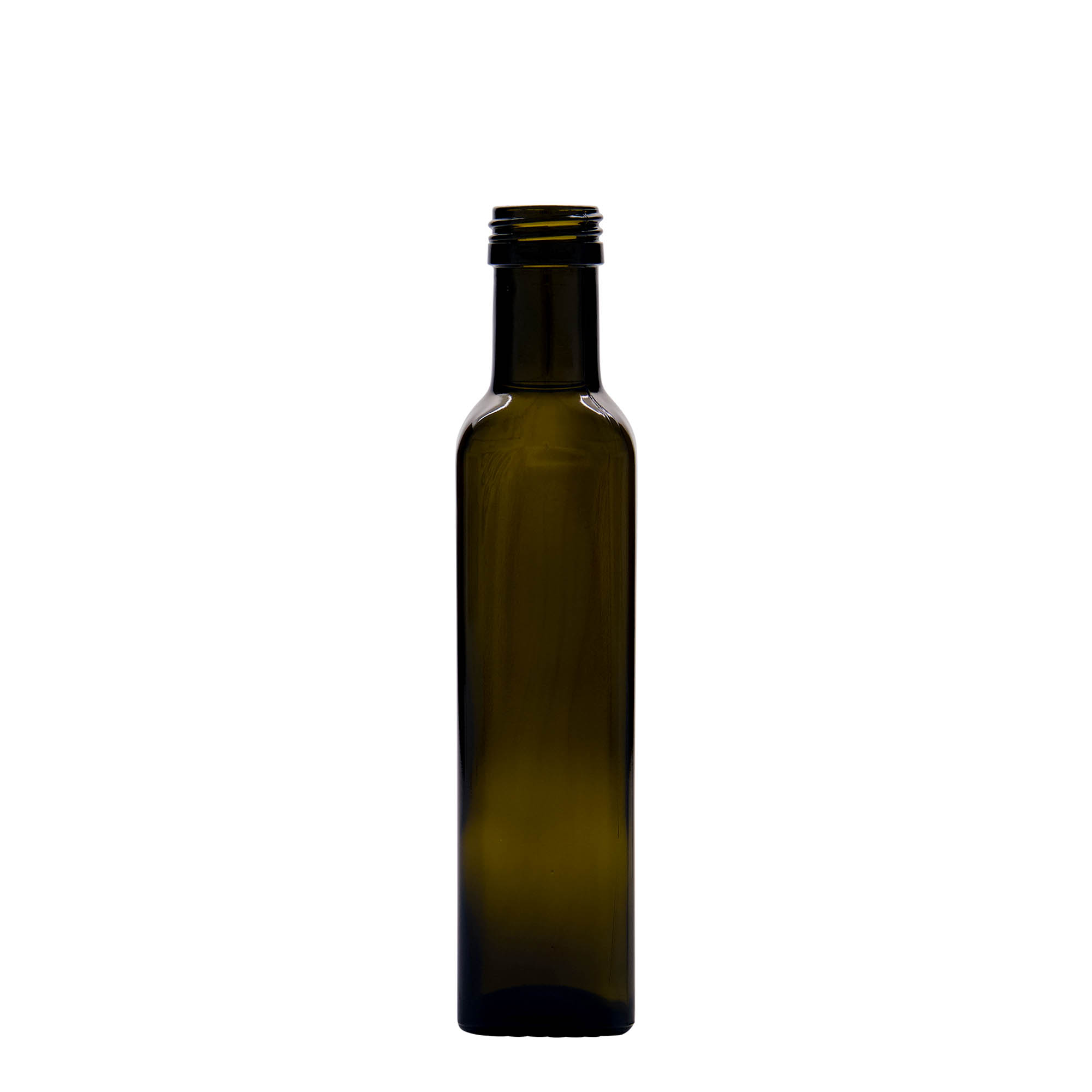 Flacon en verre 250 ml « Marasca », carré, vert antique, ouverture : PP 31,5 Flacon en verre 250 ml « Marasca », carré, vert antique, ouverture : PP 31,5