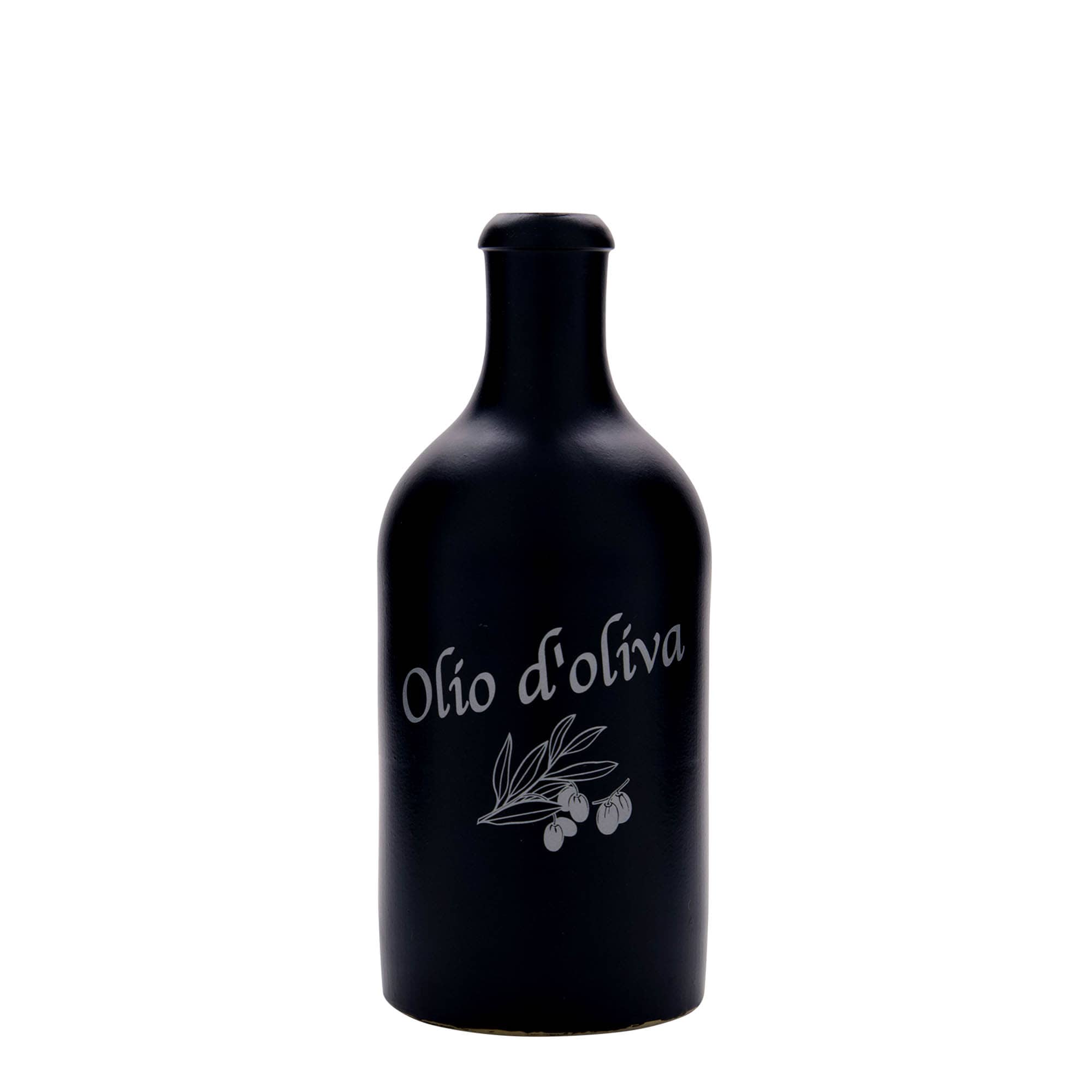 Cruche en grès 500 ml, motif : Olio d'Oliva, grès, noir, ouverture : bouchon en liège Cruche en grès 500 ml, motif : Olio d'Oliva, grès, noir, ouverture : bouchon en liège