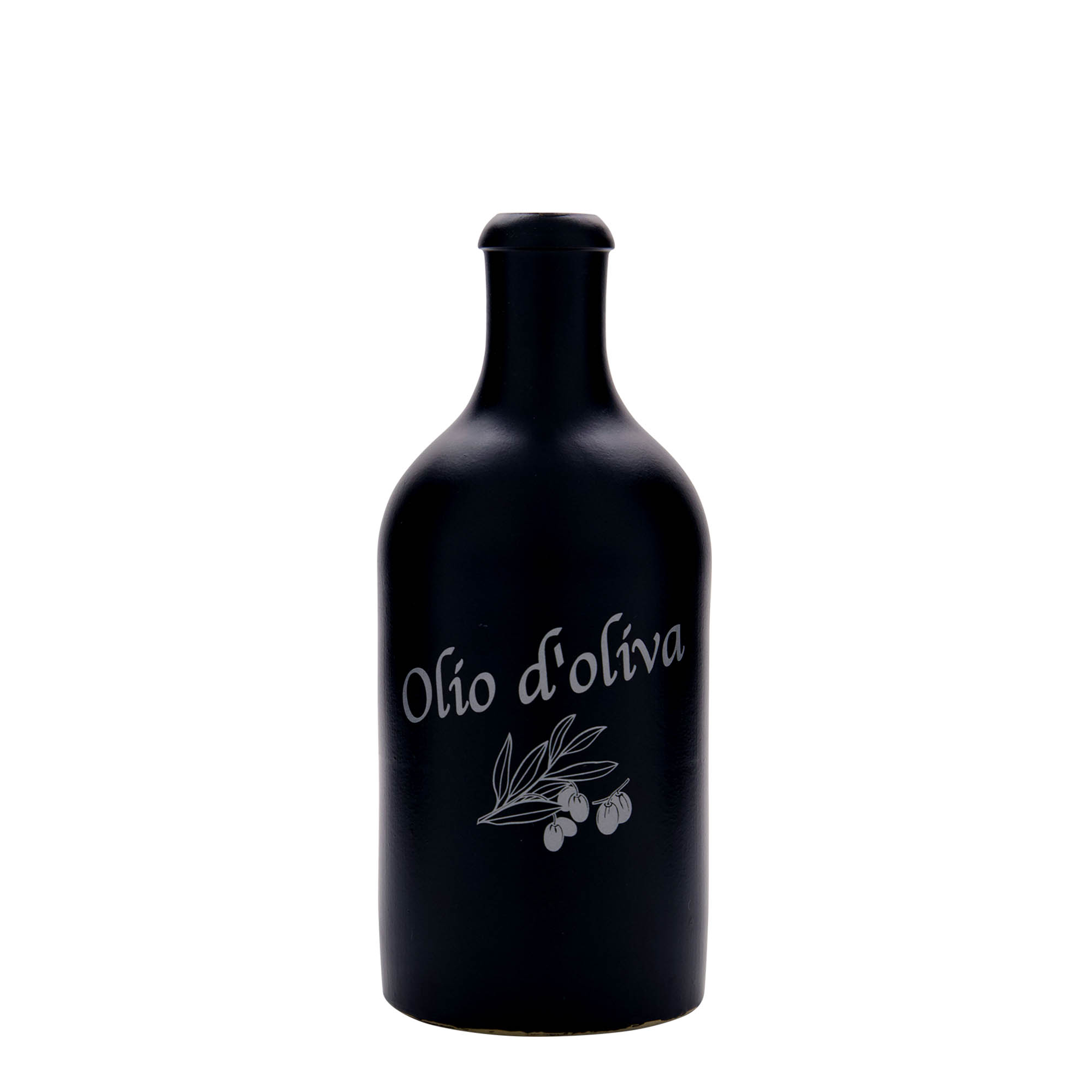 Cruche en grès 500 ml, motif : Olio d'Oliva, grès, noir, ouverture : bouchon en liège Cruche en grès 500 ml, motif : Olio d'Oliva, grès, noir, ouverture : bouchon en liège