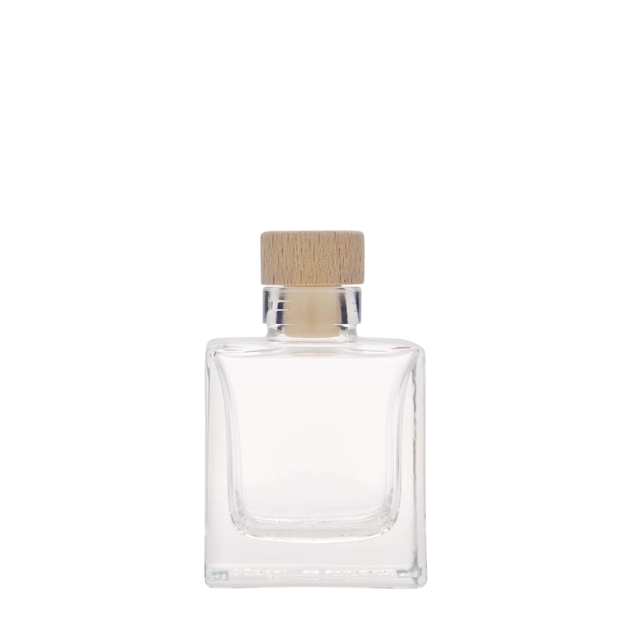 Flacon en verre 100 ml « Cube », carré, ouverture : bouchon en liège