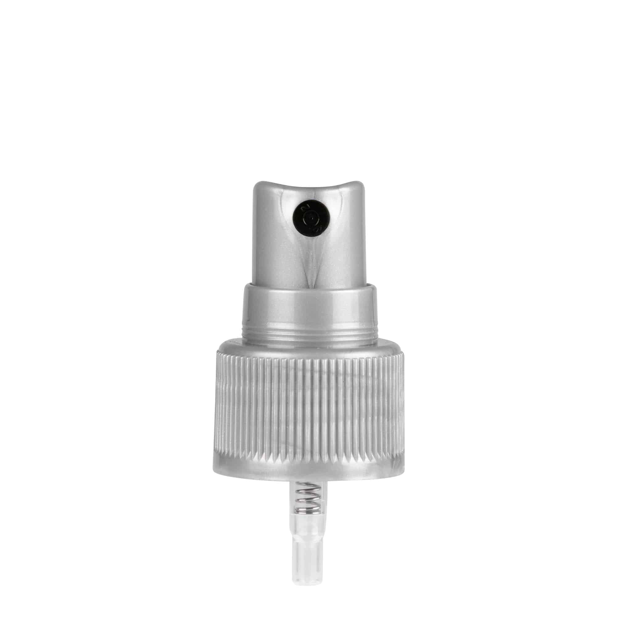 Bouchon à vis avec pulvérisateur spray, plastique PP, argenté, pour ouverture : 24/410