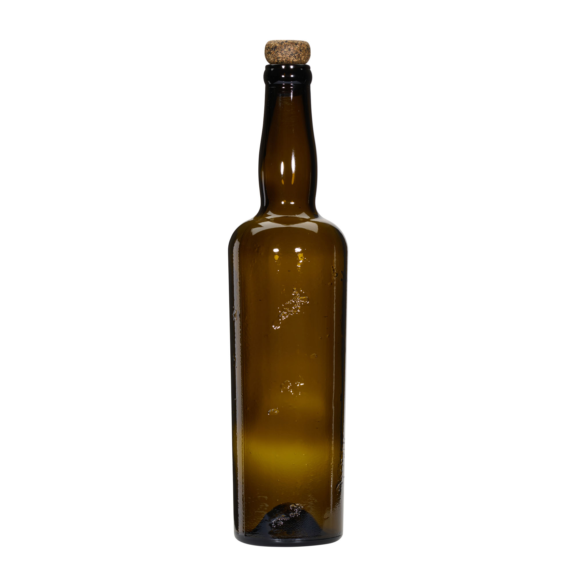 Bouteille en verre artisanal sauvage 750 ml 'Siroco', brun, ouverture : bouchon en liège