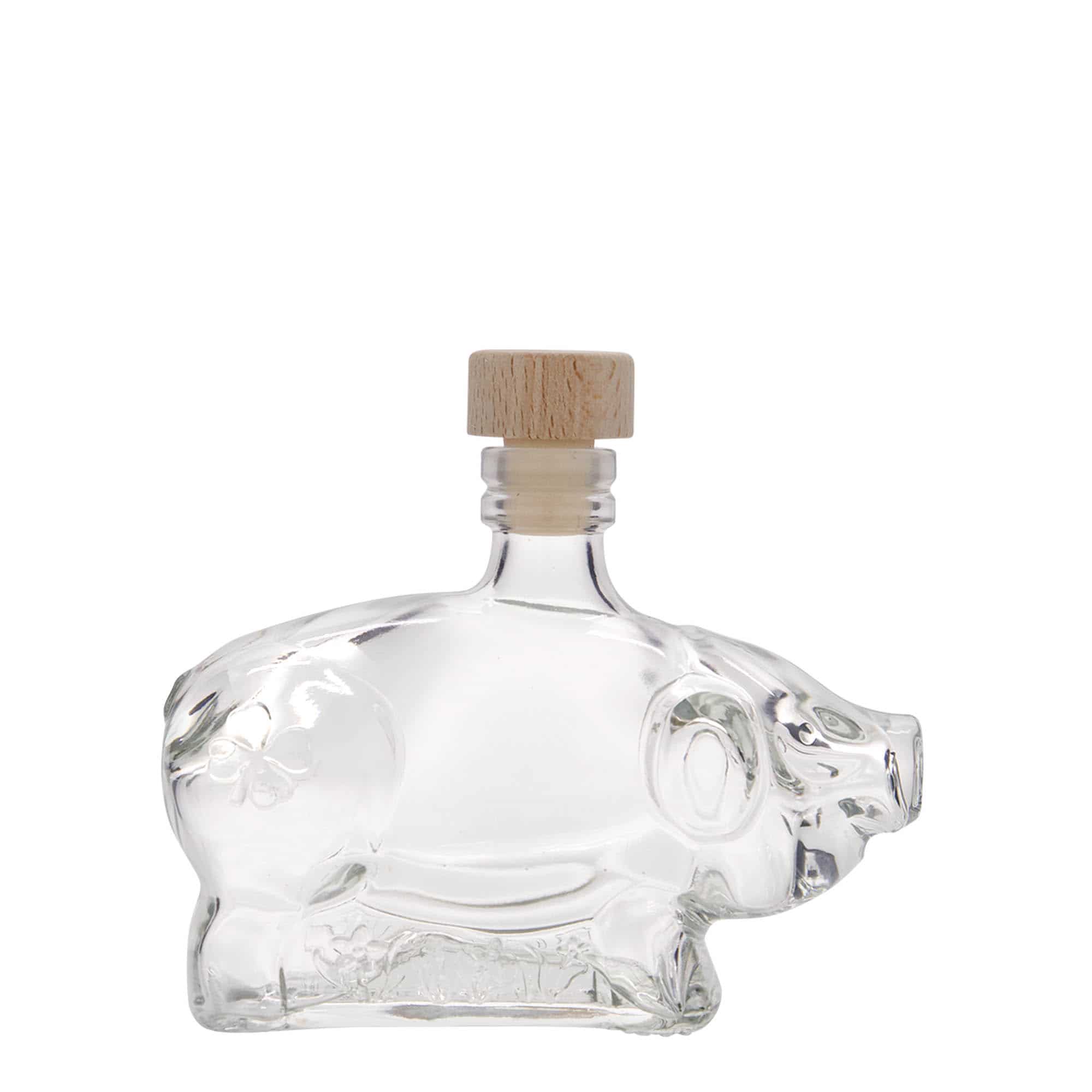 Flacon en verre de 200 ml « Cochon porte-bonheur », ouverture : bouchon en liège