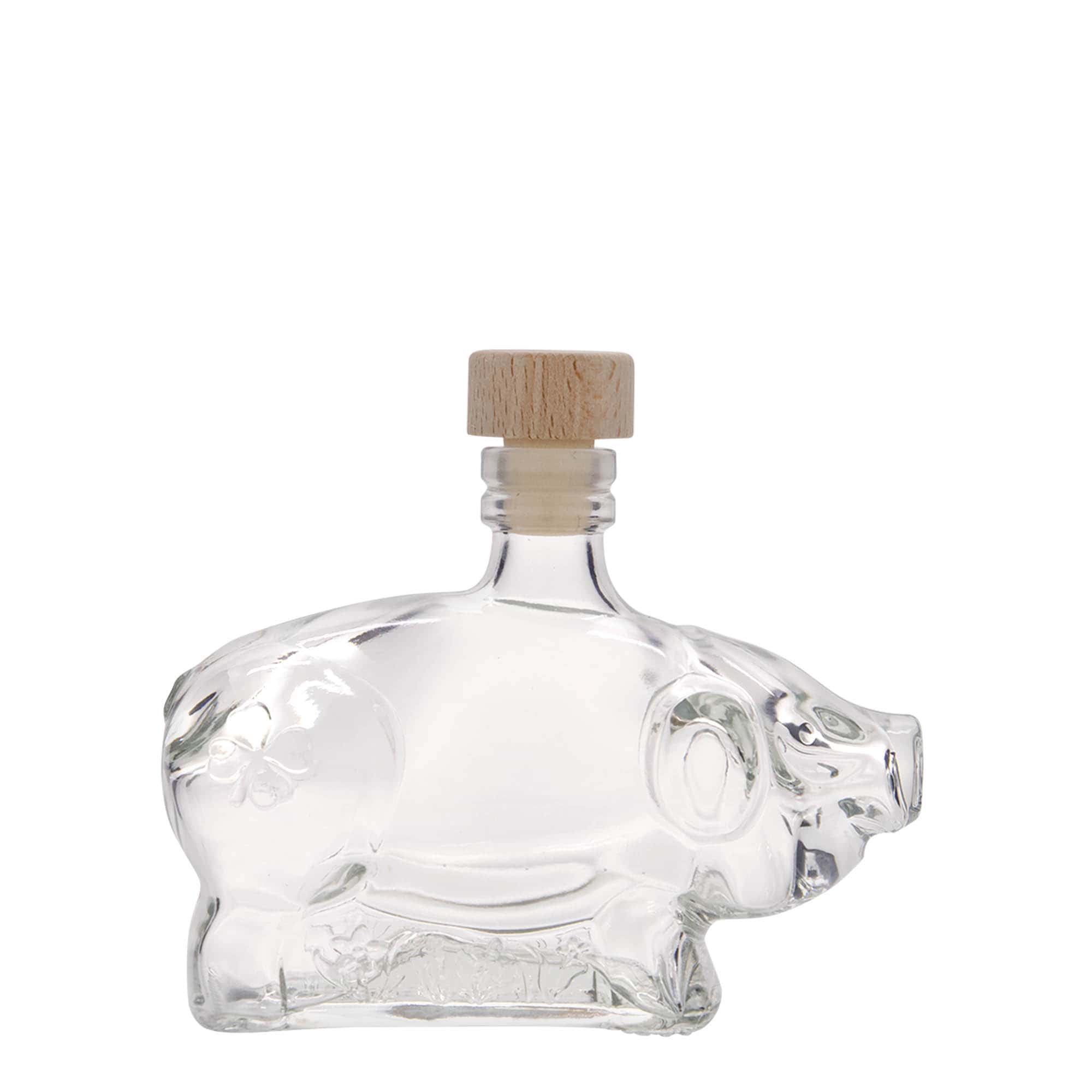 Flacon en verre de 200 ml « Cochon porte-bonheur », ouverture : bouchon en liège