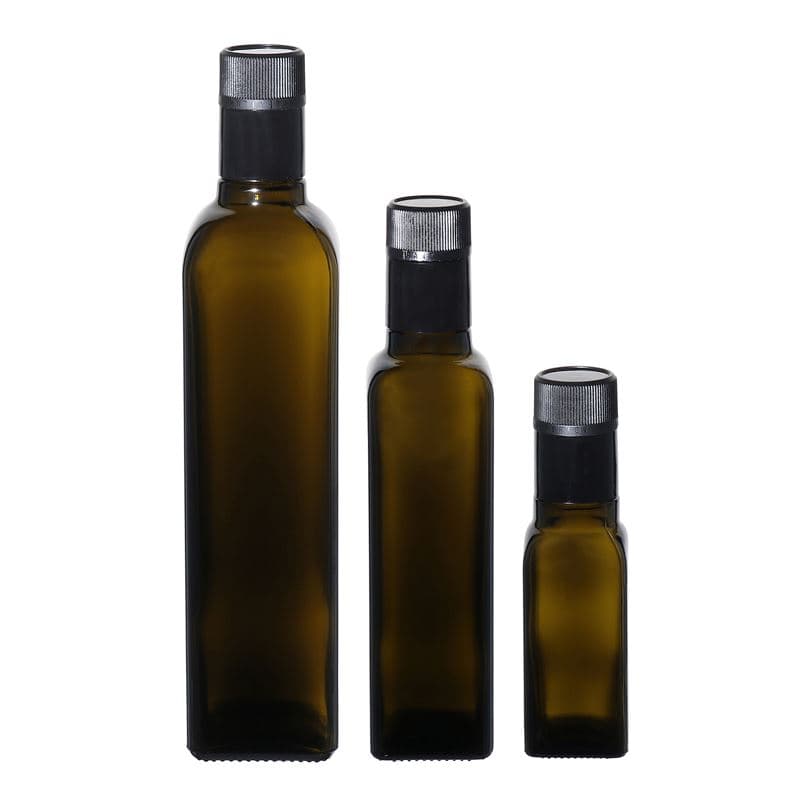 Bouteille de vinaigre / d’huile 100 ml 'Quadra', verre, carrée, vert antique, bouchage: DOP