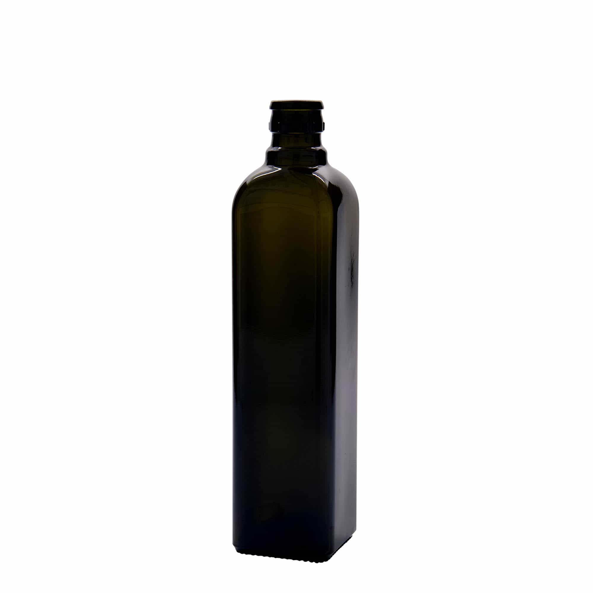 Bouteille de vinaigre / d’huile 500 ml 'Quadra', verre, carrée, vert antique, col : DOP