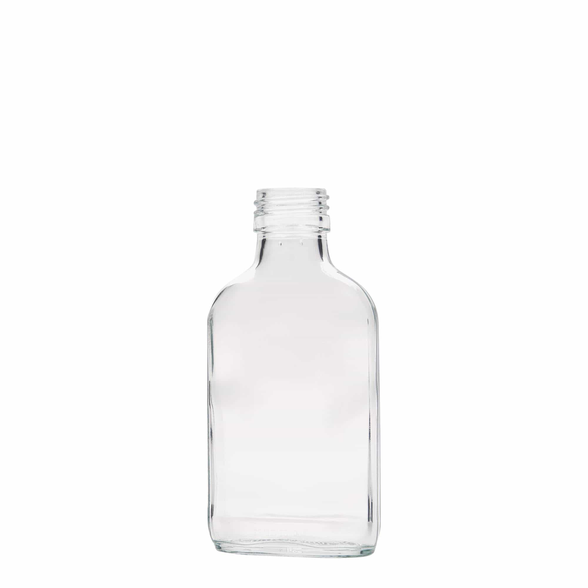 Flacon de poche 100 ml, rectangulaire, verre, ouverture : PP 28 Flacon de poche 100 ml, rectangulaire, verre, ouverture : PP 28
