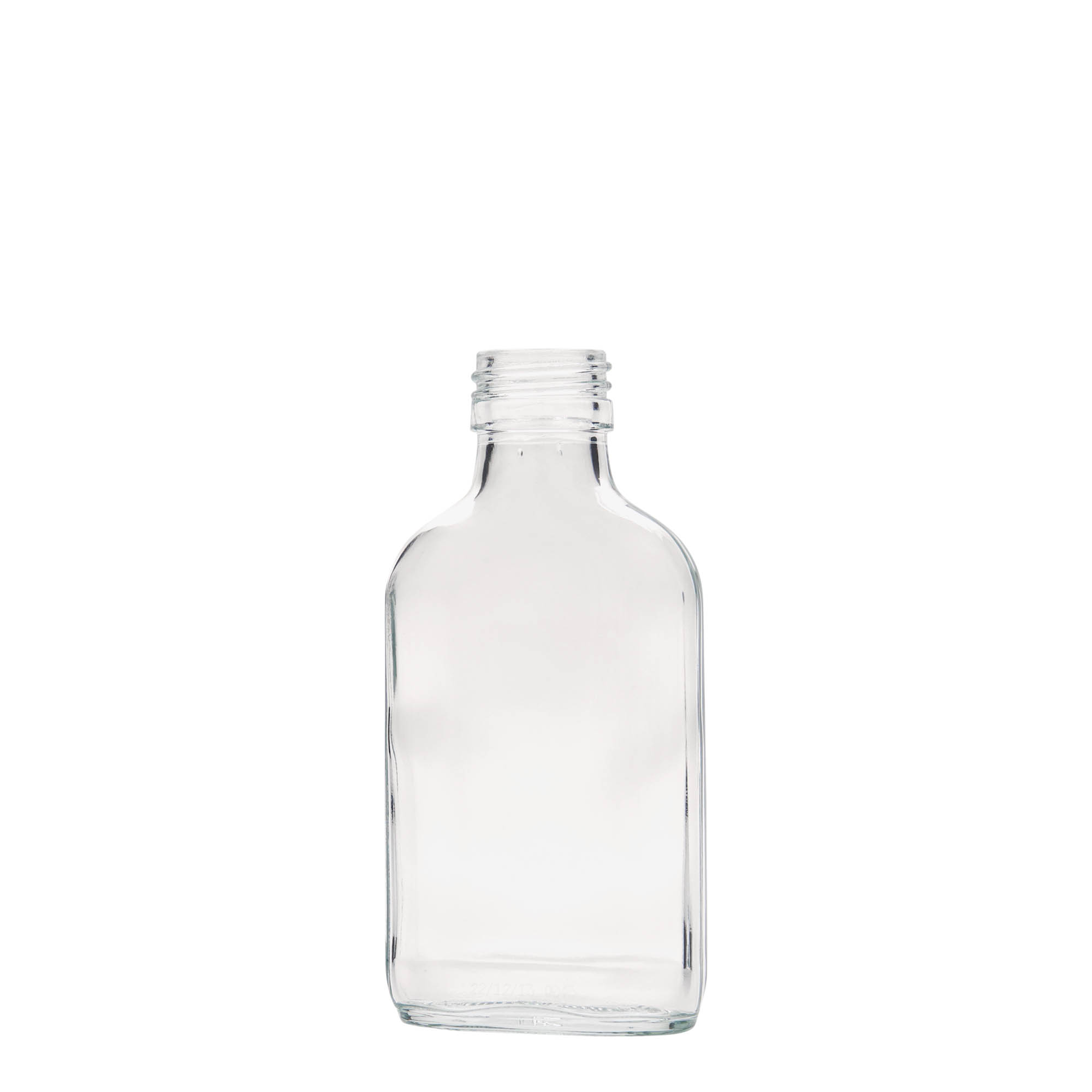Flacon de poche 100 ml, rectangulaire, verre, ouverture : PP 28 Flacon de poche 100 ml, rectangulaire, verre, ouverture : PP 28