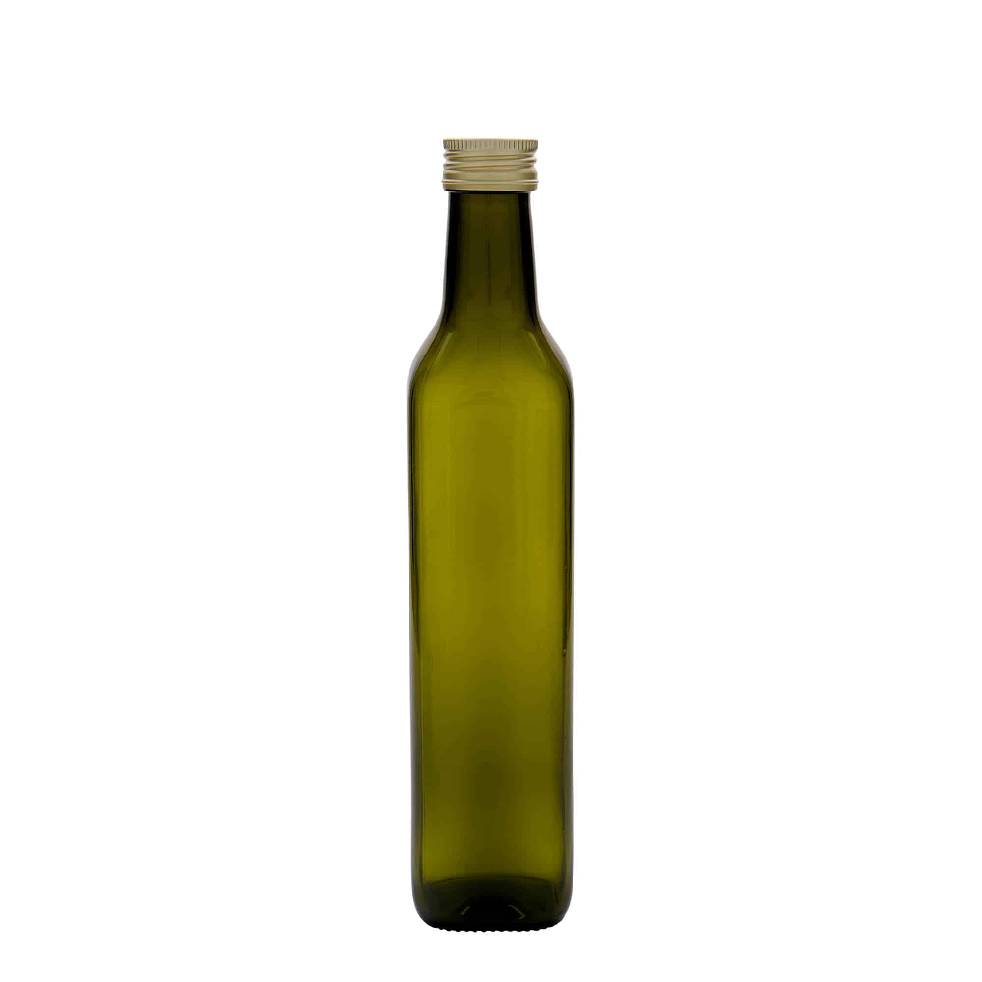 Bouteille en verre 500 ml « Marasca », carrée, vert antique, ouverture : PP 31,5