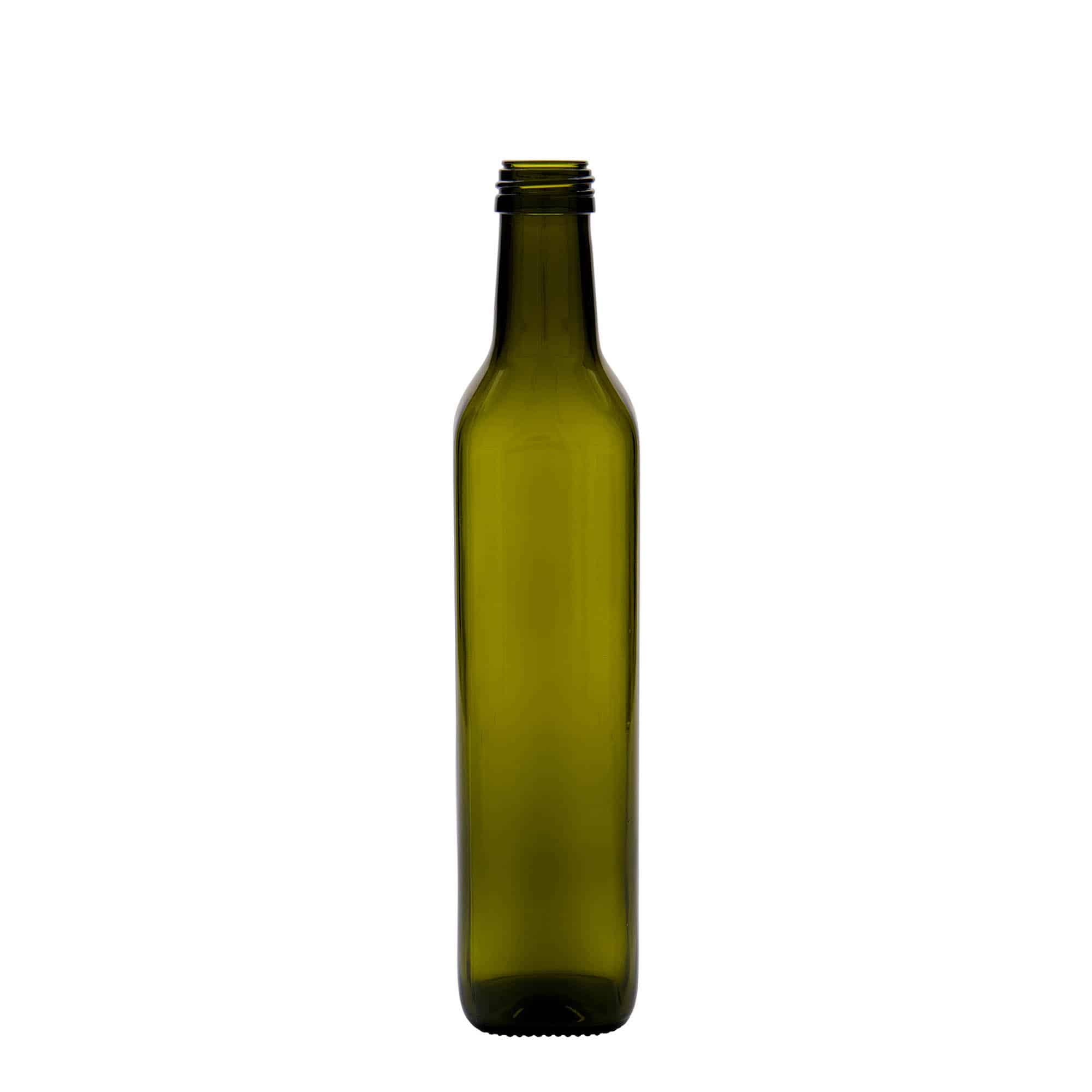 Bouteille en verre 500 ml 'Marasca', carrée, vert antique, bouchage: PP 31,5 Bouteille en verre 500 ml 'Marasca', carrée, vert antique, bouchage: PP 31,5