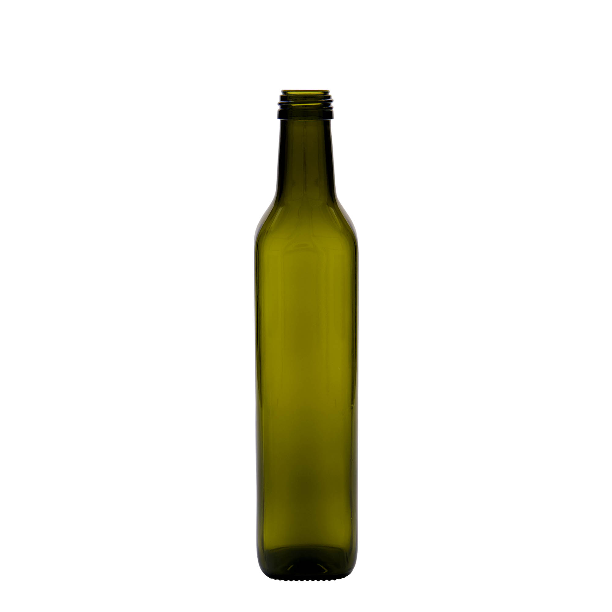 Bouteille en verre 500 ml 'Marasca', carrée, vert antique, ouverture : PP 31,5 Bouteille en verre 500 ml 'Marasca', carrée, vert antique, ouverture : PP 31,5