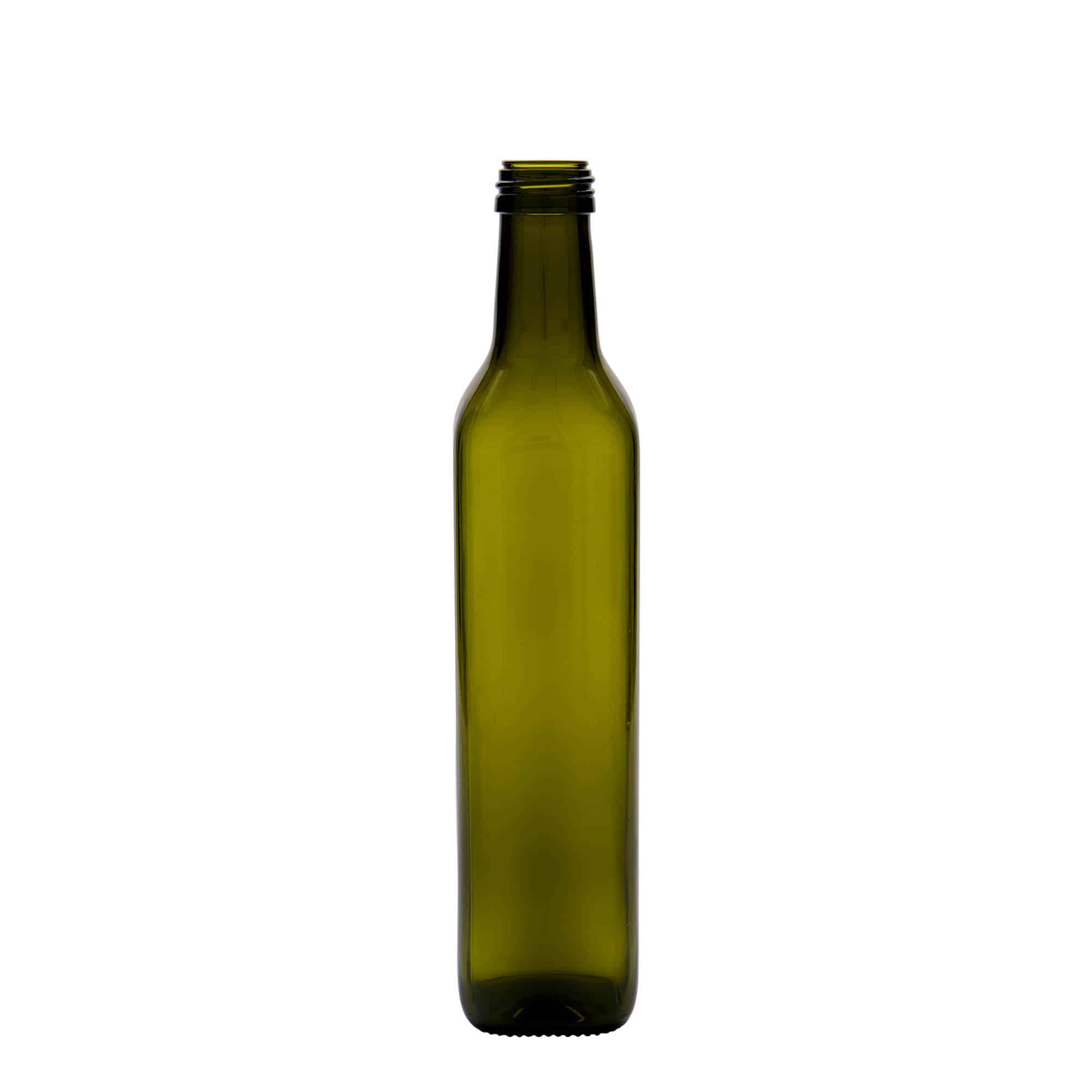 Bouteille en verre 500 ml « Marasca », carrée, vert antique, ouverture : PP 31,5
