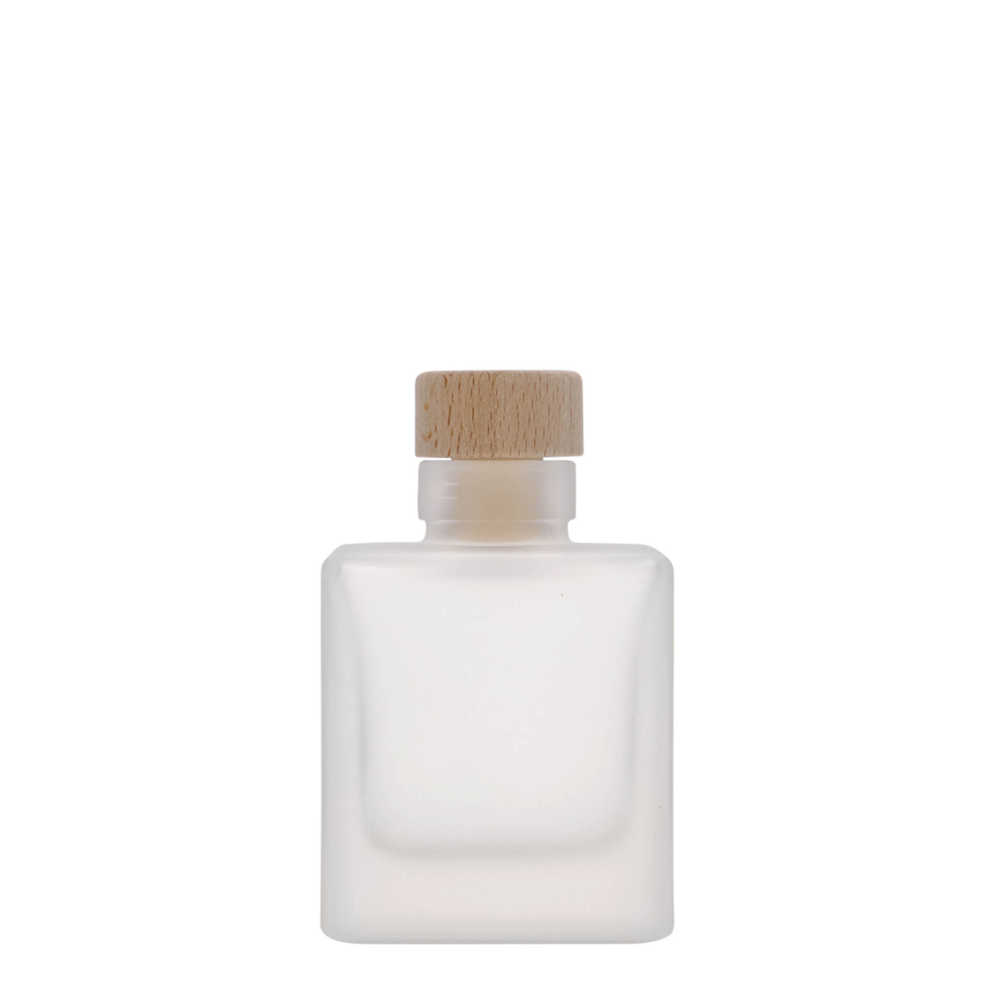 Flacon en verre 100 ml « Cube », carré, givré, ouverture : bouchon en liège Flacon en verre 100 ml « Cube », carré, givré, ouverture : bouchon en liège