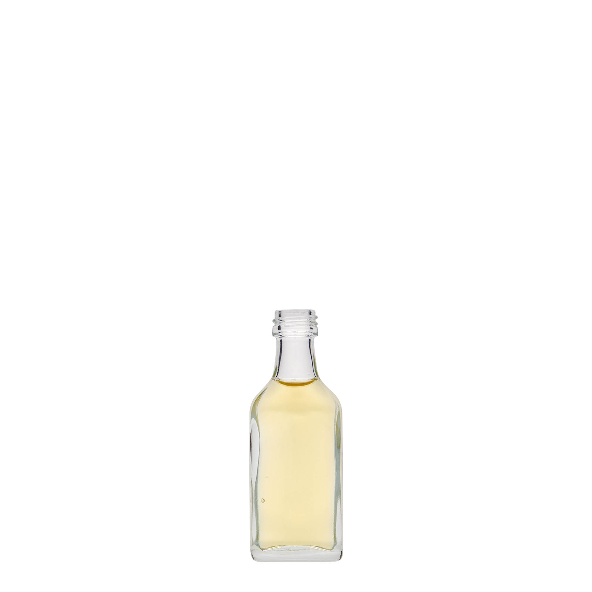 Flacon de poche 20 ml, rectangulaire, verre, col : PP 18 Flacon de poche 20 ml, rectangulaire, verre, col : PP 18