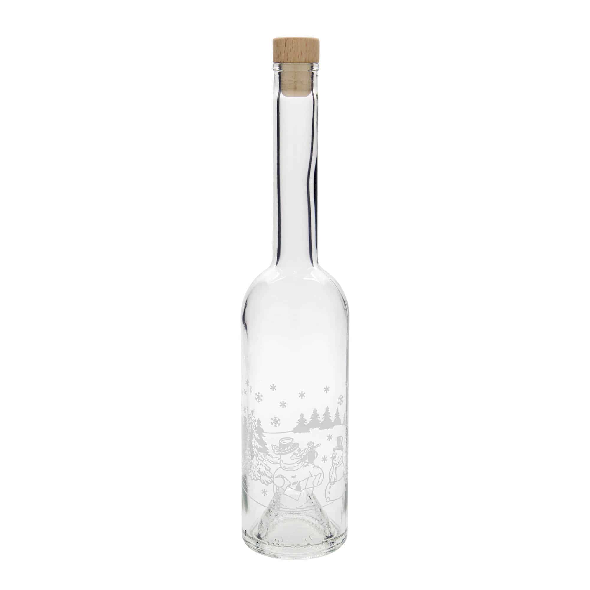 Bouteille en verre 500 ml 'Opera', motif : bouteille bonhomme de neige, ouverture : bouchon en liège