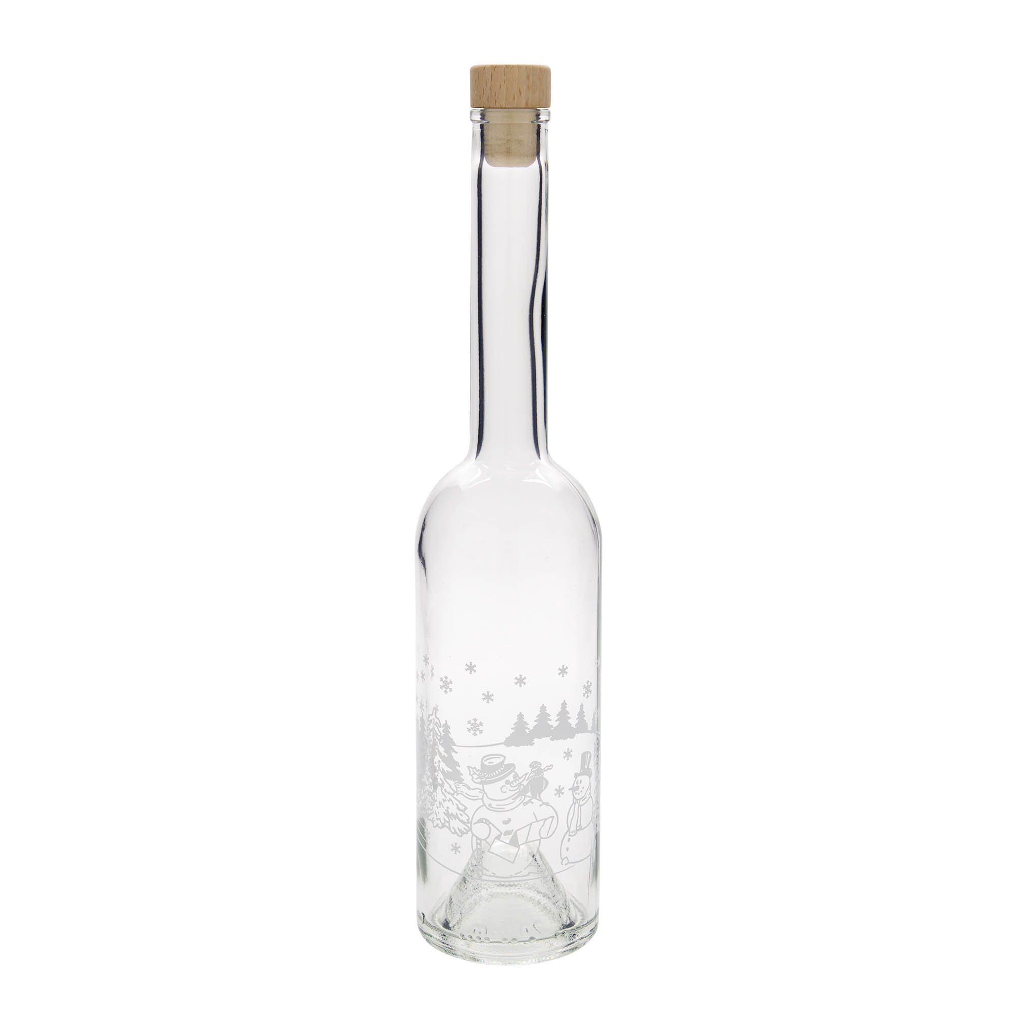 Bouteille en verre 500 ml 'Opera', motif : bouteille bonhomme de neige, ouverture : bouchon en liège
