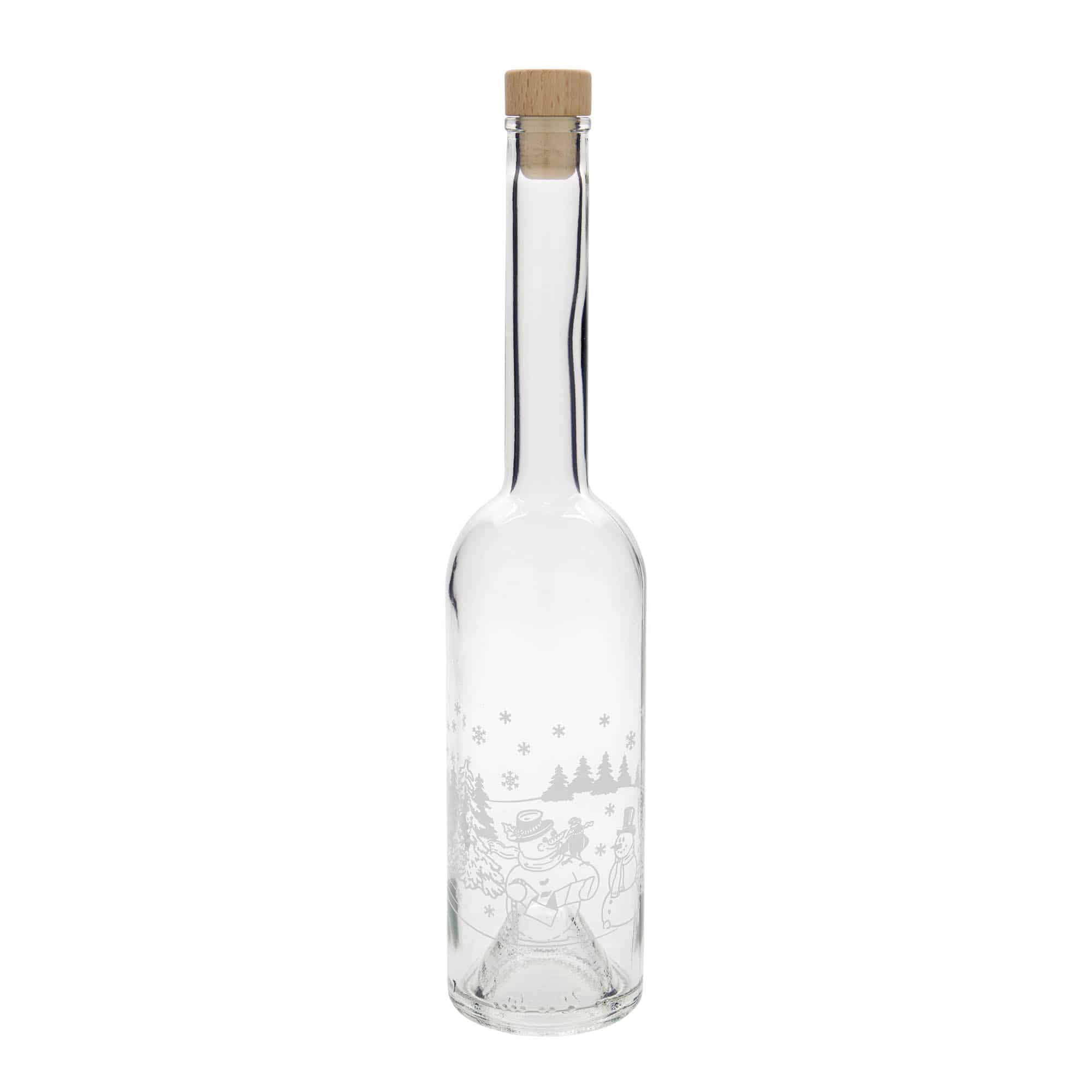 Bouteille en verre 500 ml 'Opera', motif : bouteille bonhomme de neige, ouverture : bouchon en liège