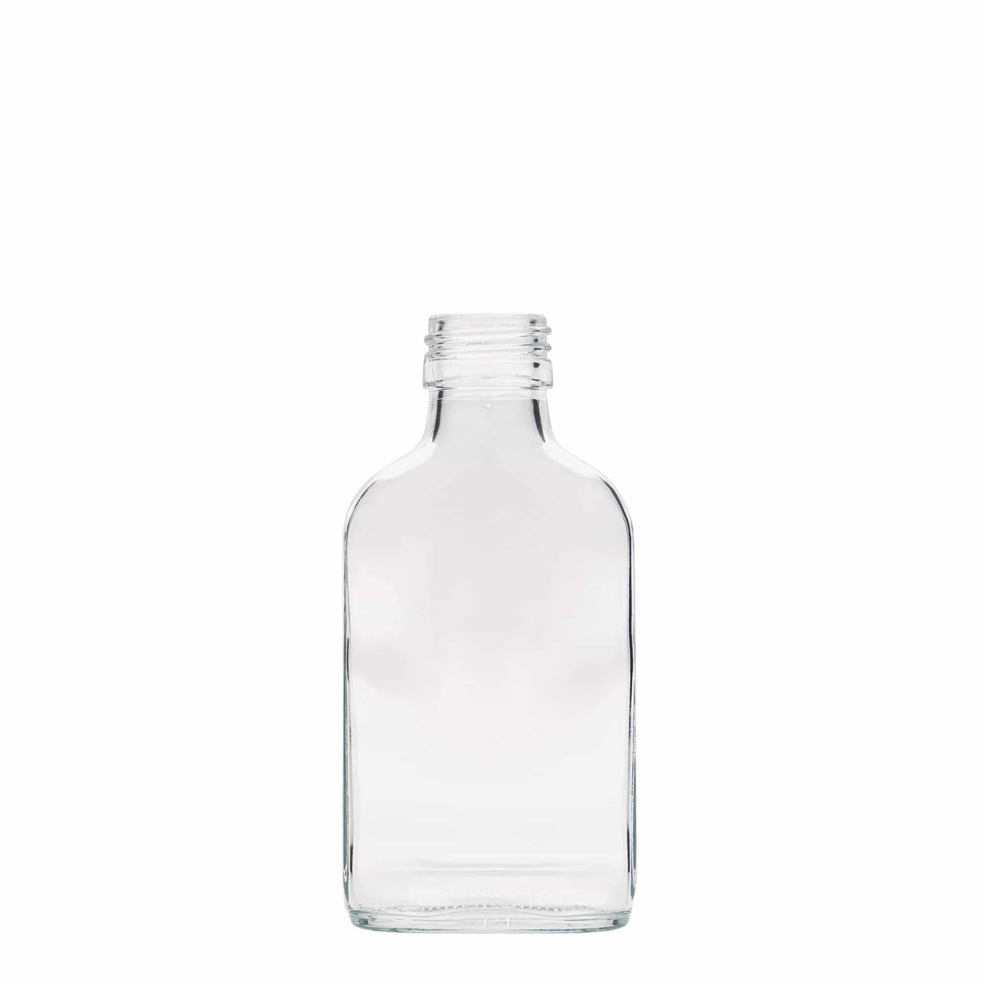 Flacon de poche 100 ml, rectangulaire, verre, ouverture : PP 28 Flacon de poche 100 ml, rectangulaire, verre, ouverture : PP 28