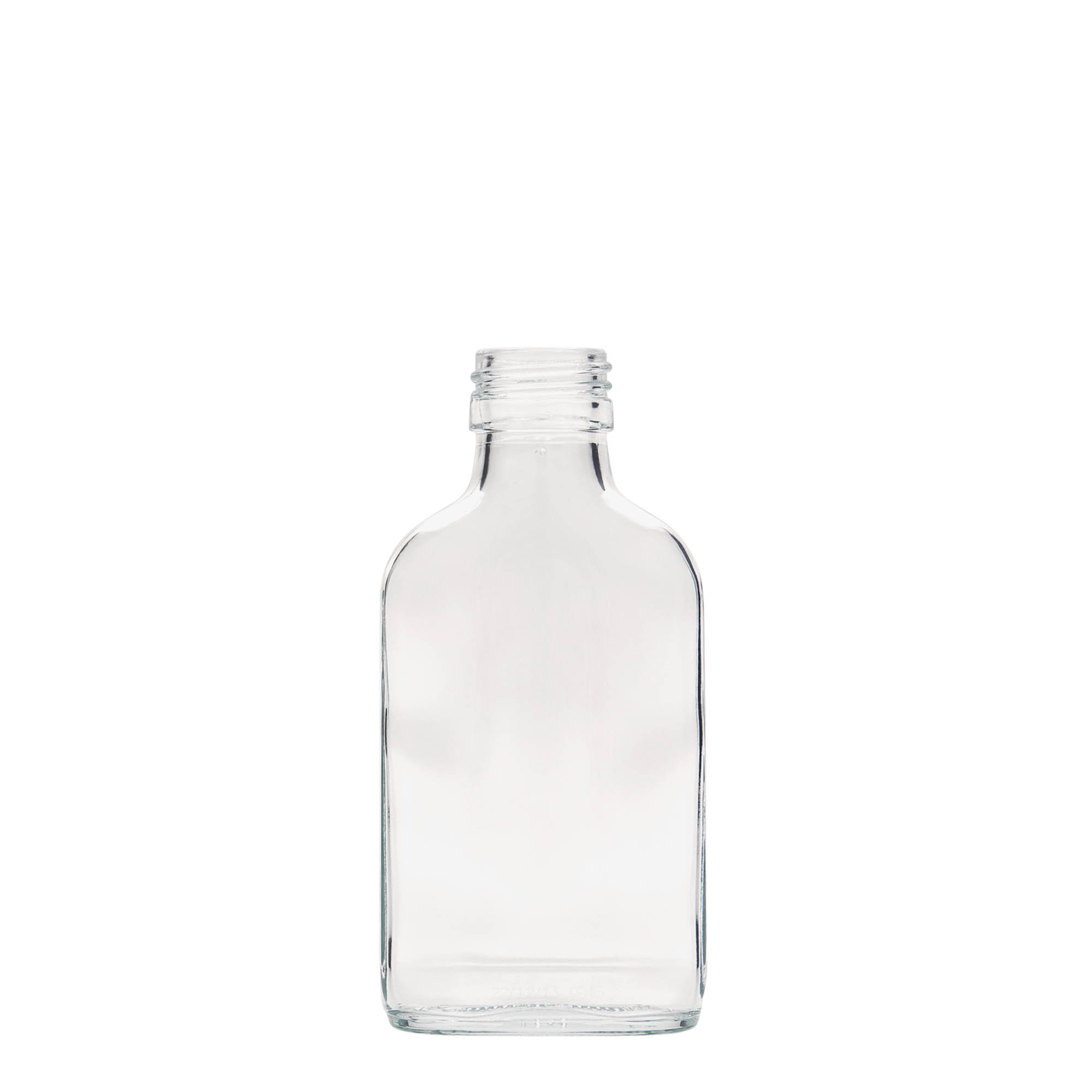 Flacon de poche 100 ml, rectangulaire, verre, ouverture : PP 28 Flacon de poche 100 ml, rectangulaire, verre, ouverture : PP 28