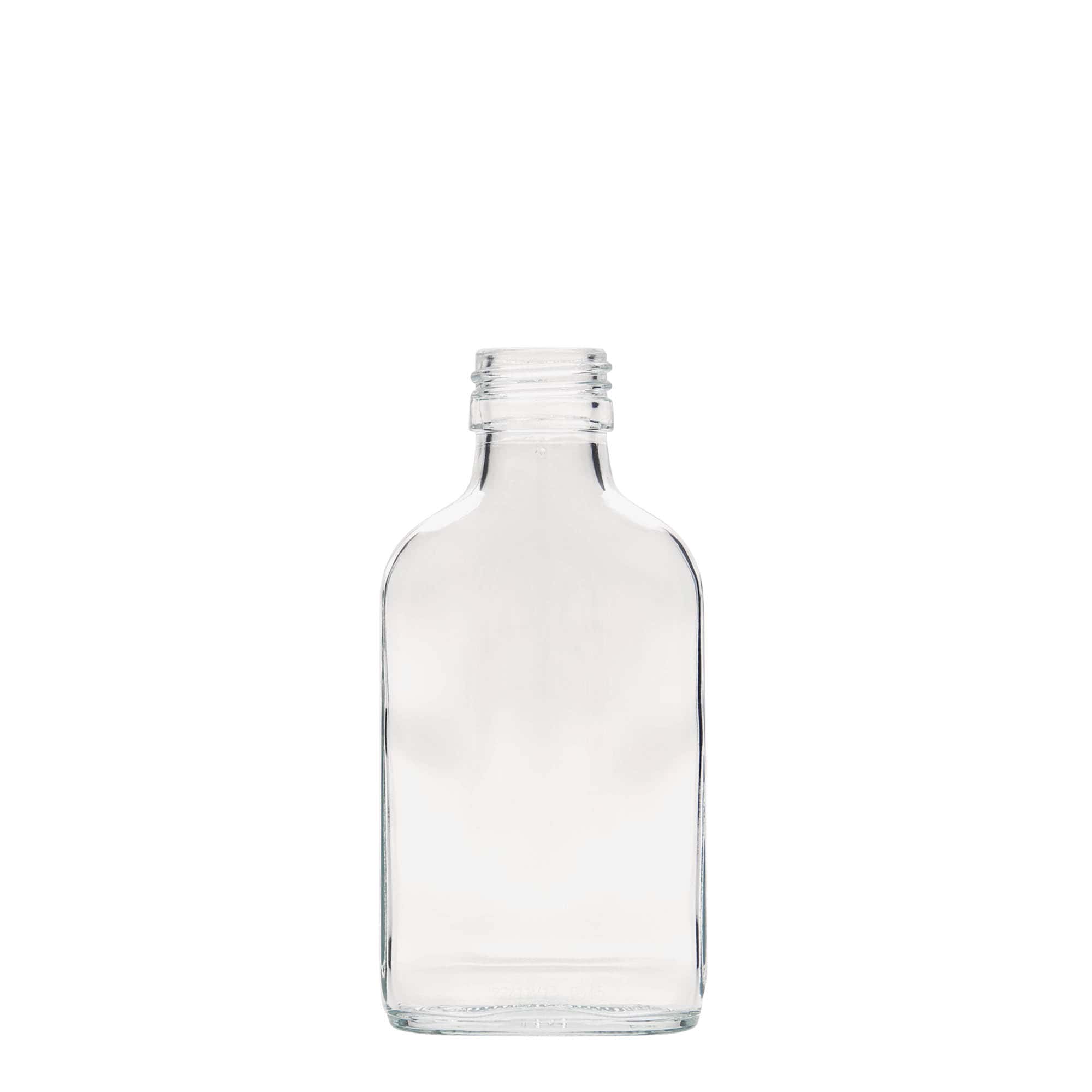 Flacon de poche 100 ml, rectangulaire, verre, ouverture : PP 28