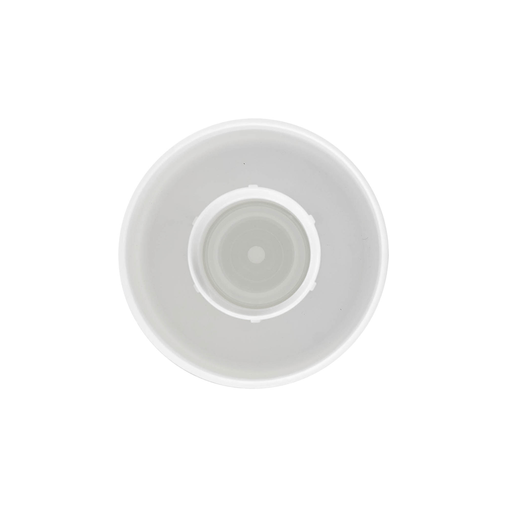 Bougage à vis pour bouteille ronde avec insert de pulvérisation, plastique PE, blanc, pour bouchage: GL 22