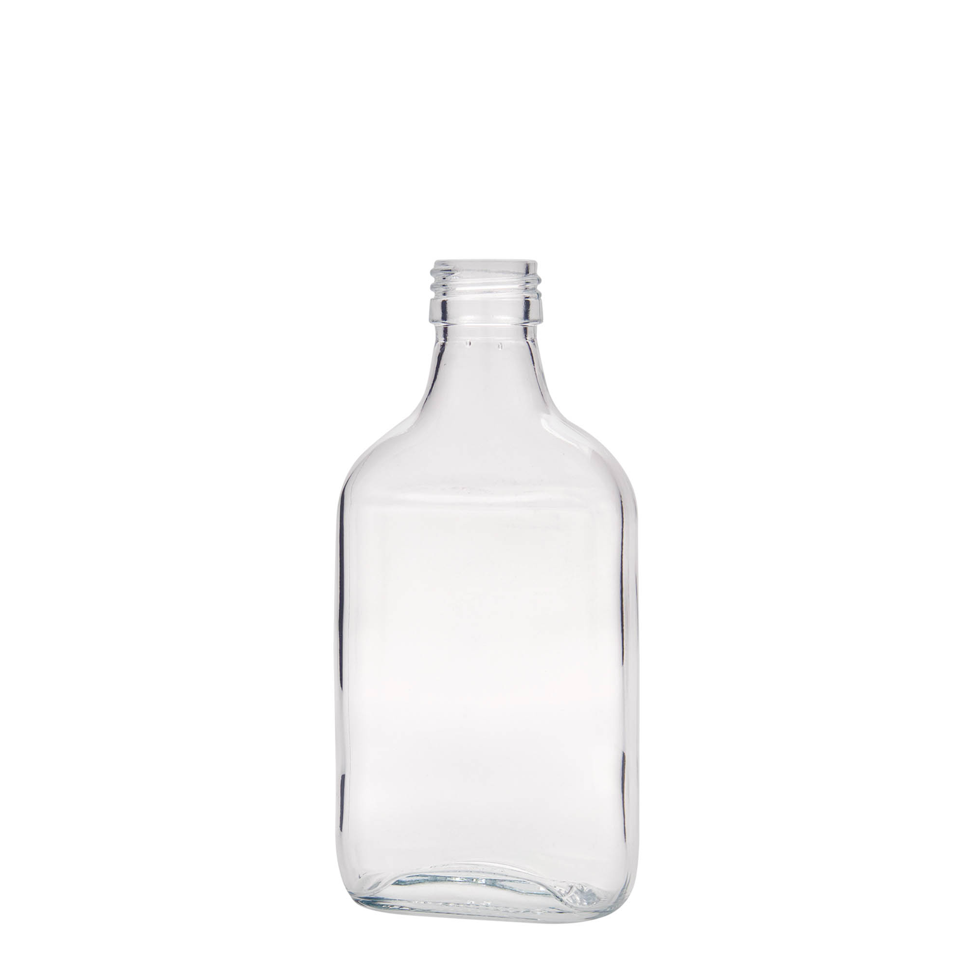 Flacon de poche 200 ml, rectangulaire, verre, ouverture : PP 28 Flacon de poche 200 ml, rectangulaire, verre, ouverture : PP 28