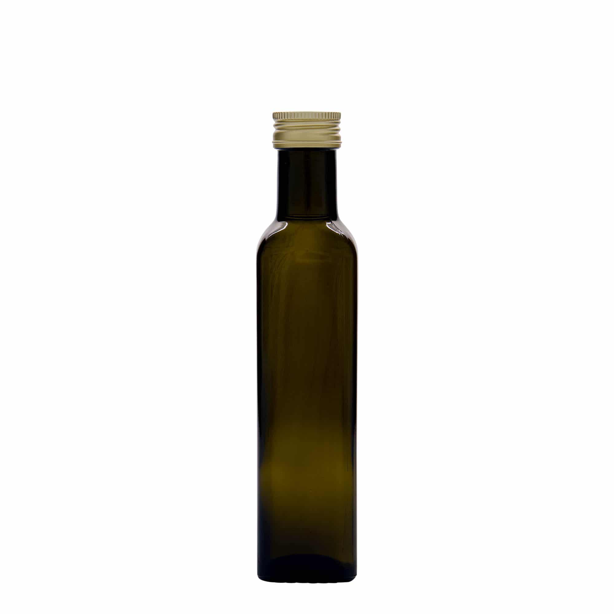 Flacon en verre 250 ml « Marasca », carré, vert antique, ouverture : PP 31,5