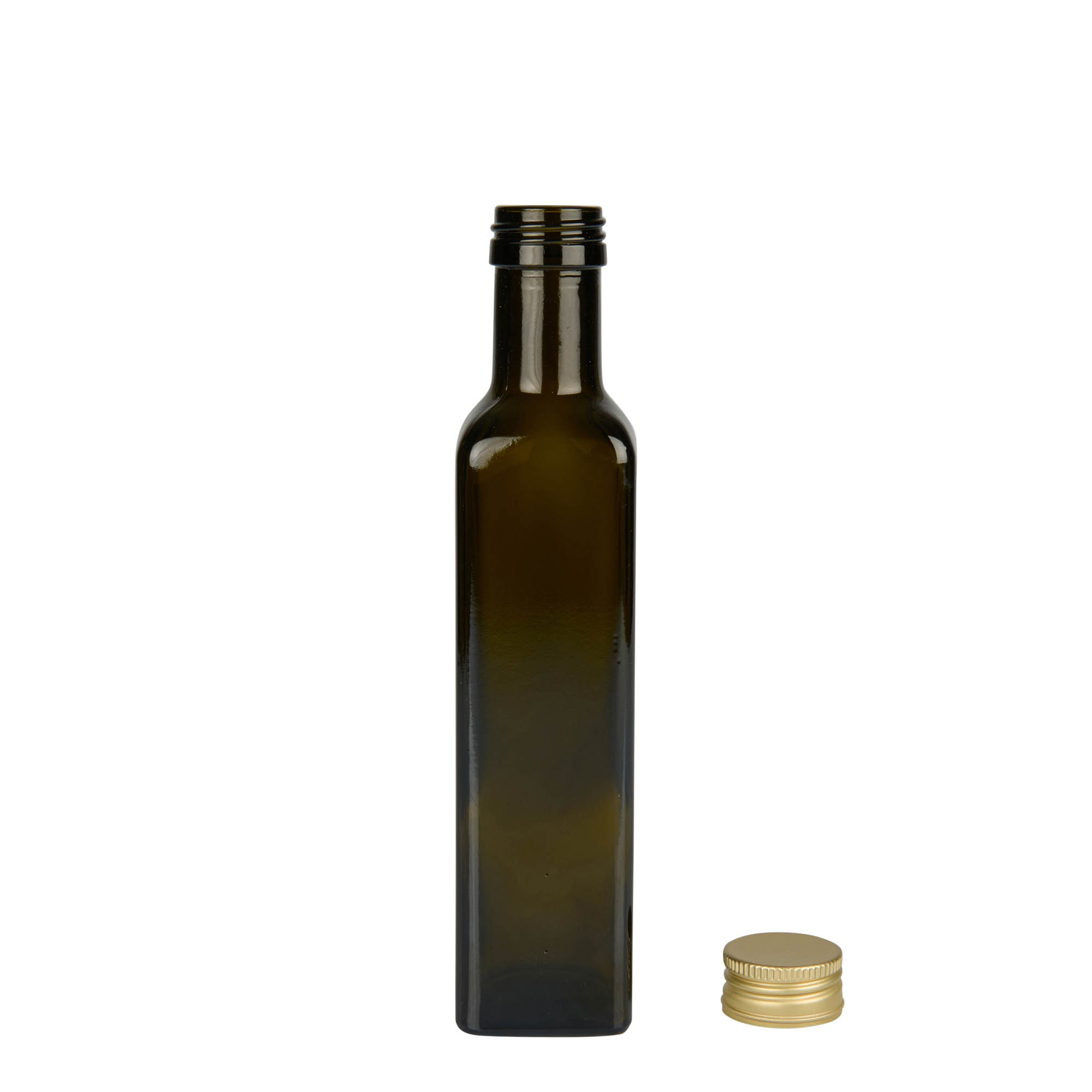 Flacon en verre 250 ml « Marasca », carré, vert antique, ouverture : PP 31,5 Flacon en verre 250 ml « Marasca », carré, vert antique, ouverture : PP 31,5