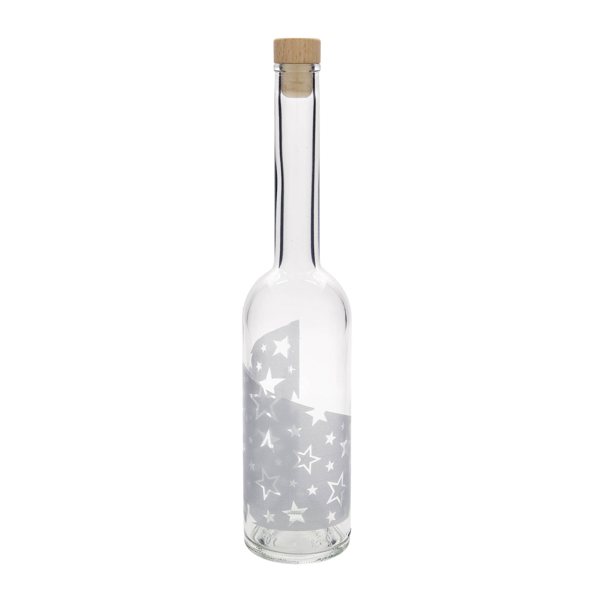 Bouteille en verre 500 ml 'Opera', motif : étoiles argentées, bouchon : liège