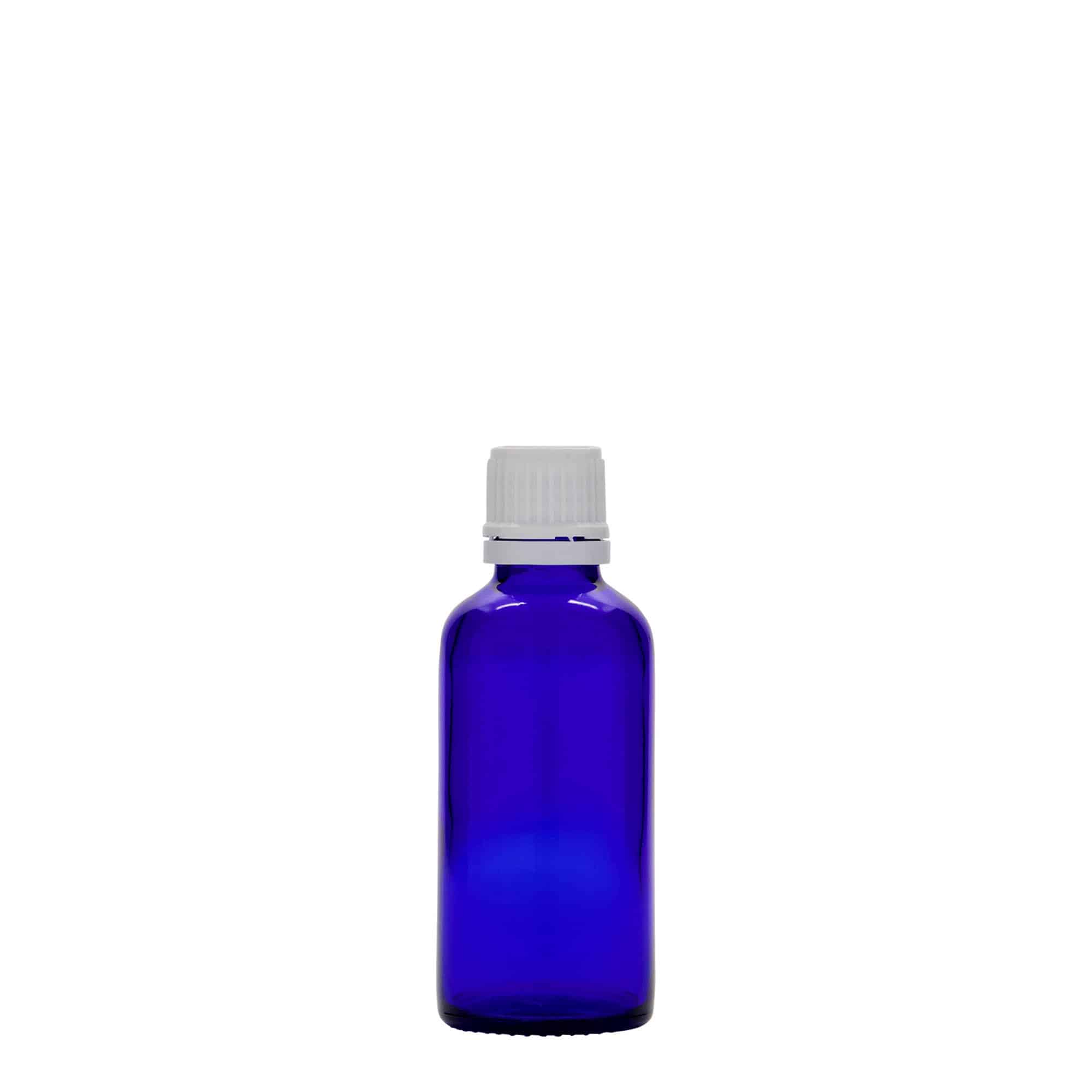 Flacon pharmaceutique 50 ml , verre, bleu roi, col : DIN 18