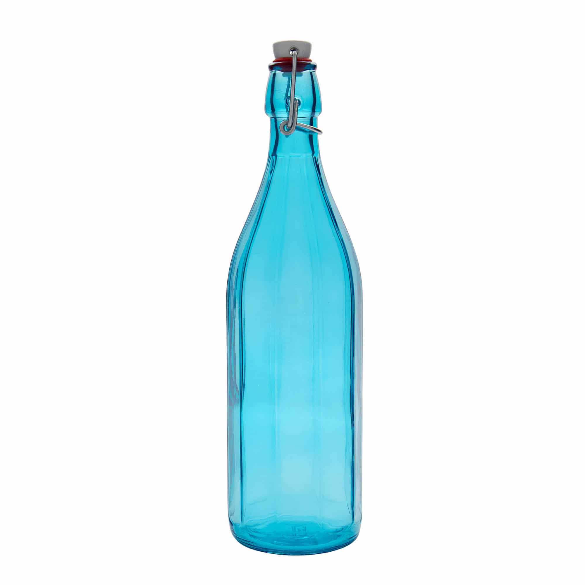 Bouteille en verre 1 000 ml 'Oxford', décagonale, bleu azur, bouchage: bouchon mécanique Bouteille en verre 1 000 ml 'Oxford', décagonale, bleu azur, bouchage: bouchon mécanique