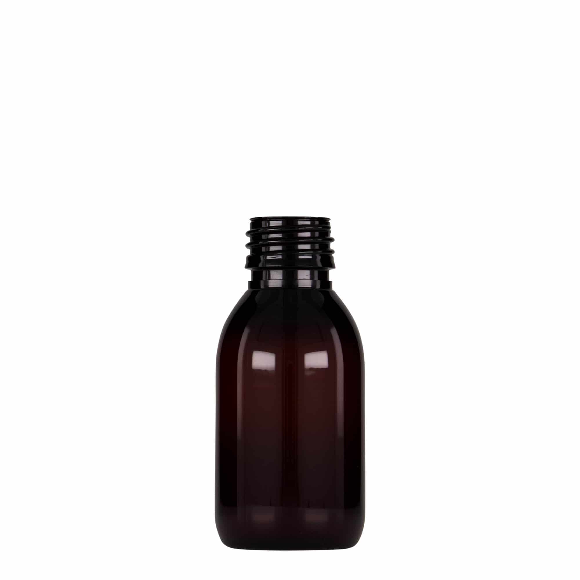 Flacon médical PET 100 ml, brun, plastique, ouverture : PP 28