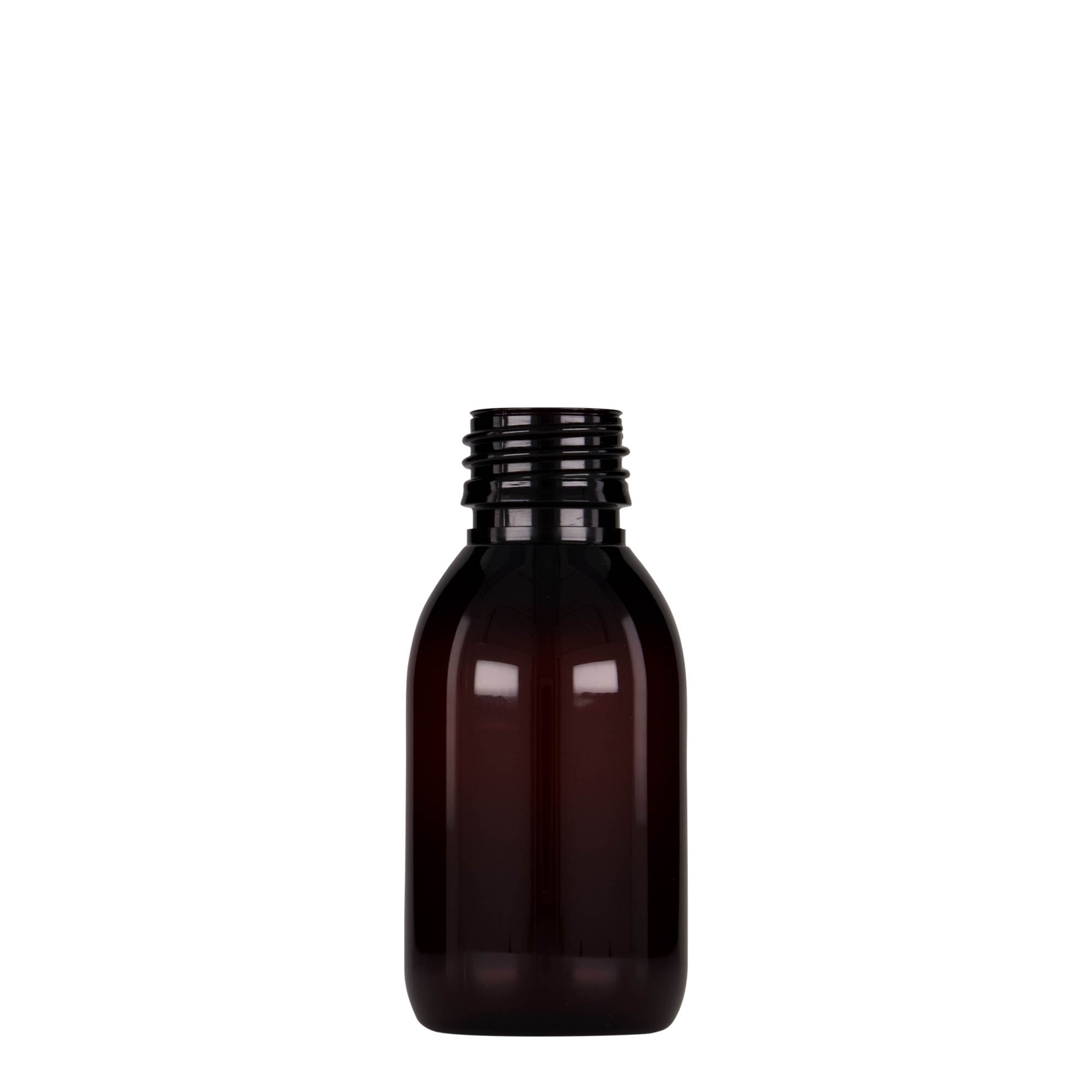 Flacon médical PET 100 ml, brun, plastique, ouverture : PP 28