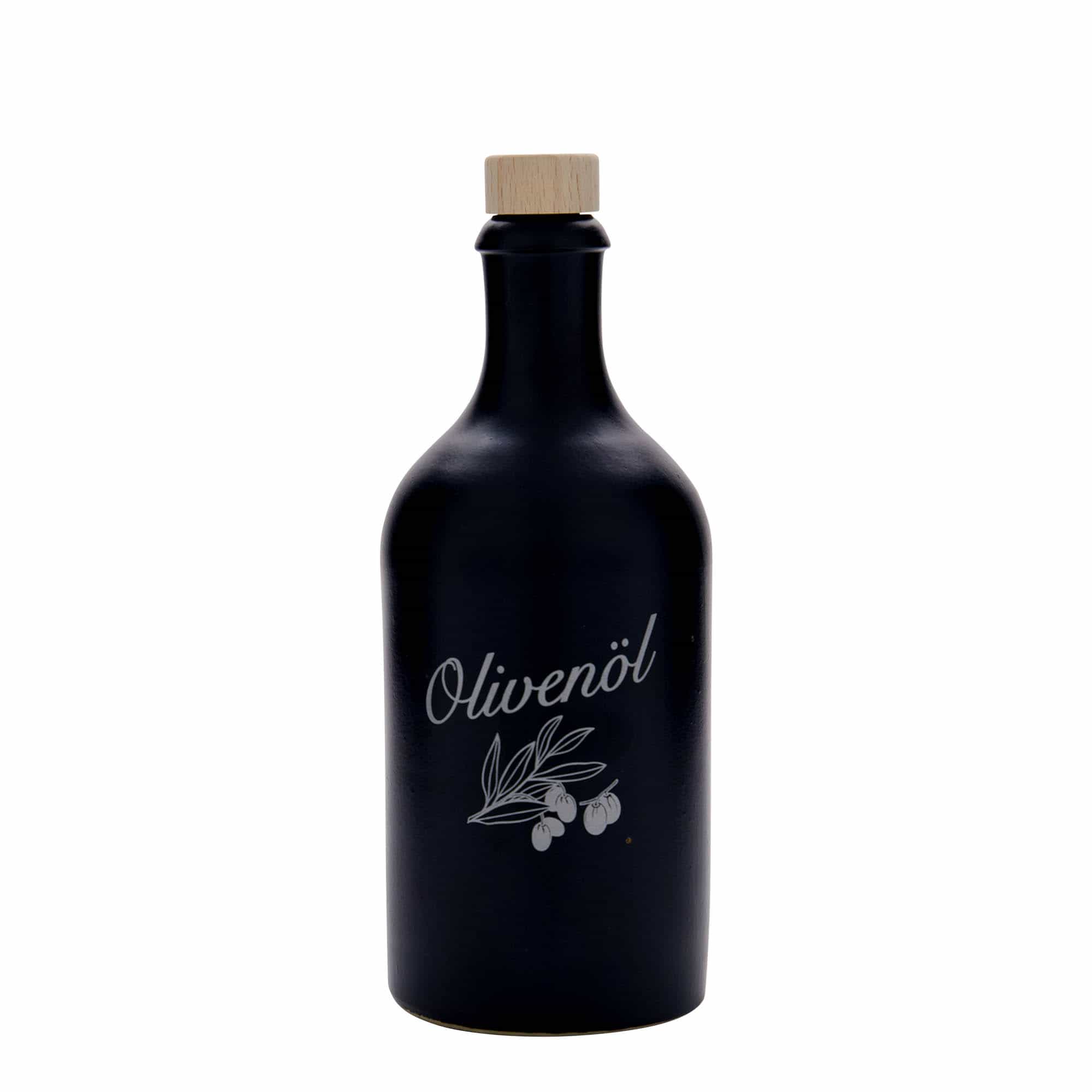 Cruche en grès 500 ml, motif : huile d'olive, grès, noir, ouverture : bouchon en liège