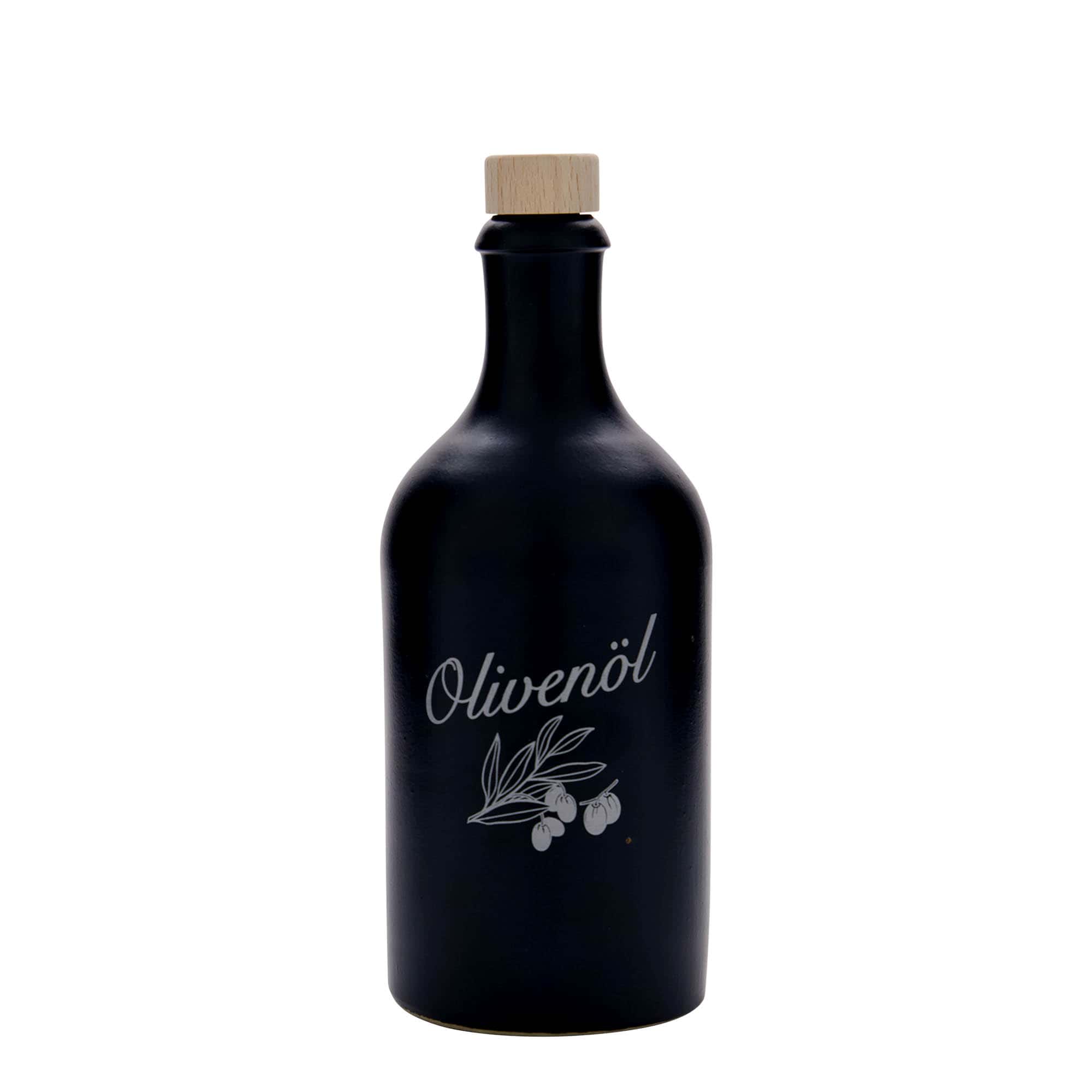Cruche en grès 500 ml, motif : huile d'olive, grès, noir, ouverture : bouchon en liège