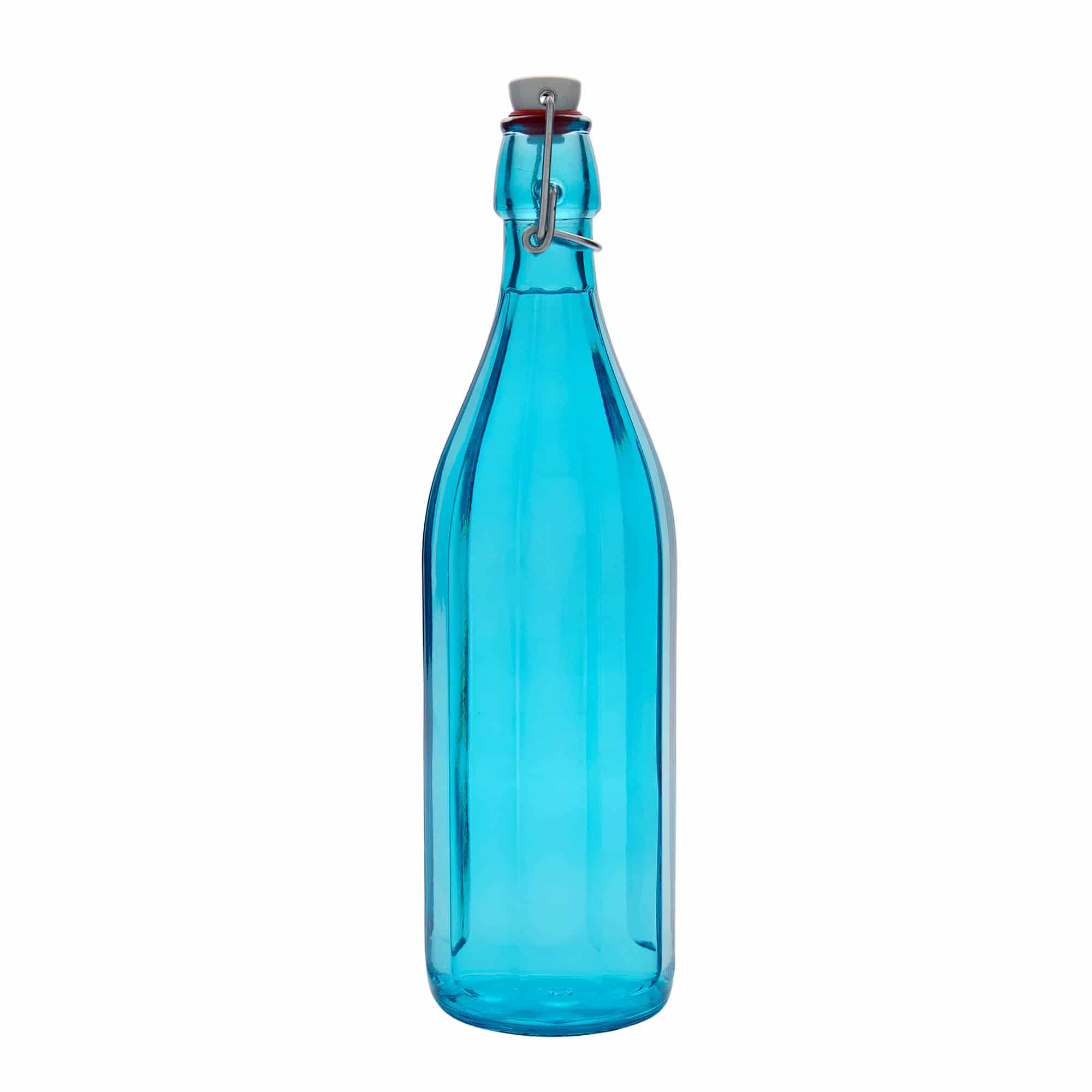 Bouteille en verre 1 000 ml 'Oxford', décagonale, bleu azur, col : bouchon mécanique