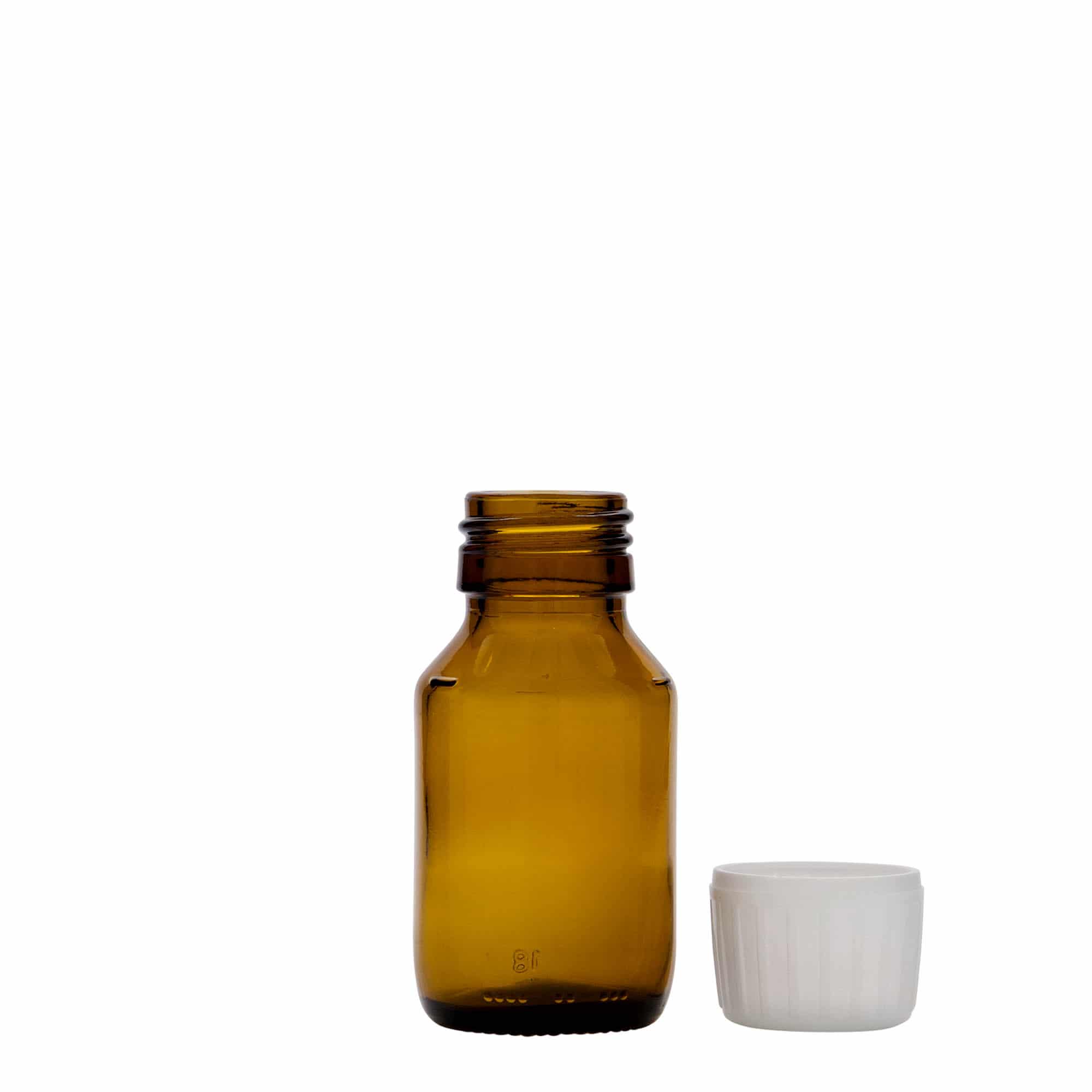 Flacon médical 50 ml, brun, verre, ouverture : PP 28 Flacon médical 50 ml, brun, verre, ouverture : PP 28