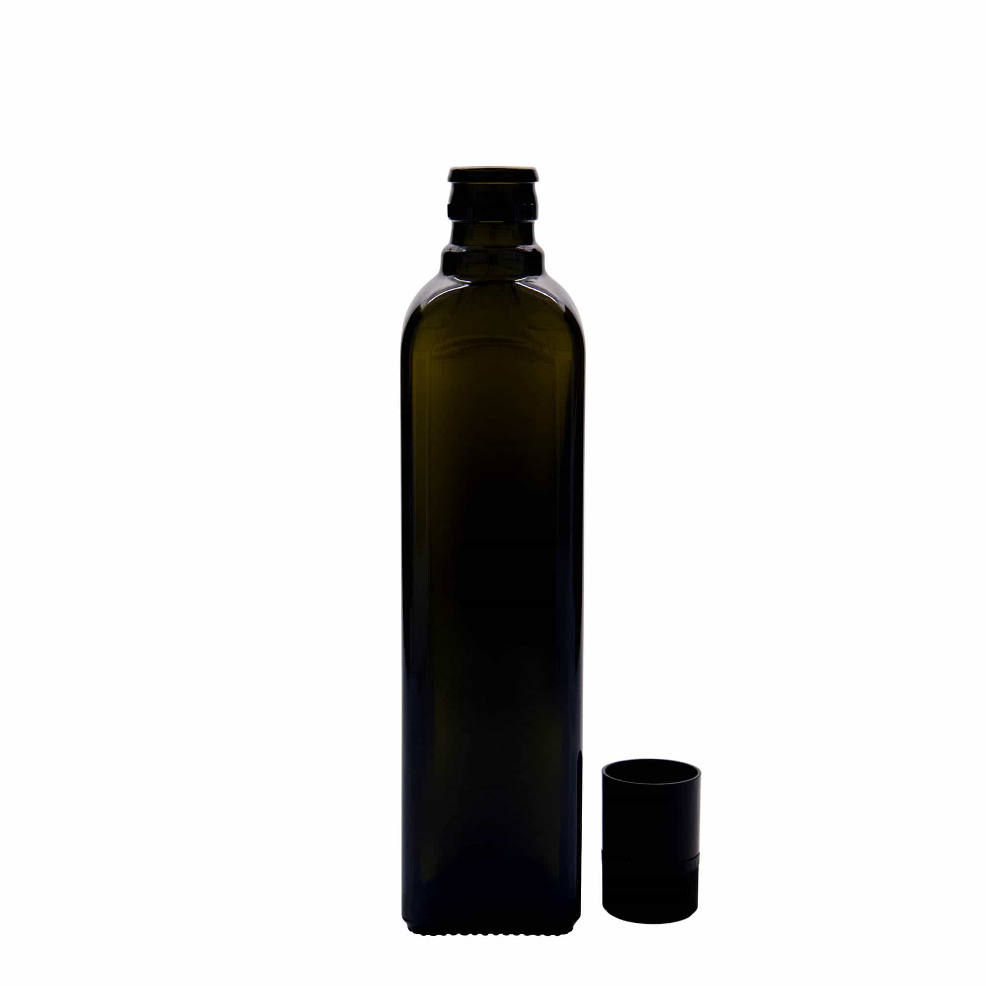 Bouteille de vinaigre / d’huile 500 ml 'Quadra', verre, carrée, vert antique, bouchage: DOP
