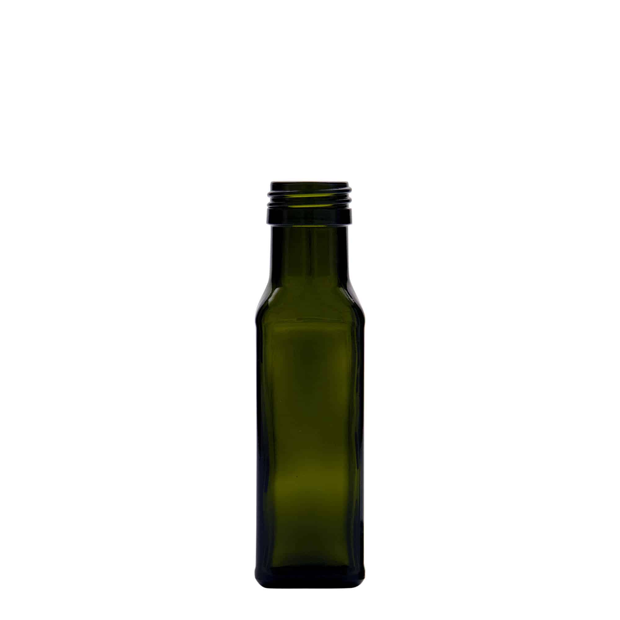 Flacon en verre 100 ml 'Marasca', carré, vert antique, ouverture : PP 31,5 Flacon en verre 100 ml 'Marasca', carré, vert antique, ouverture : PP 31,5