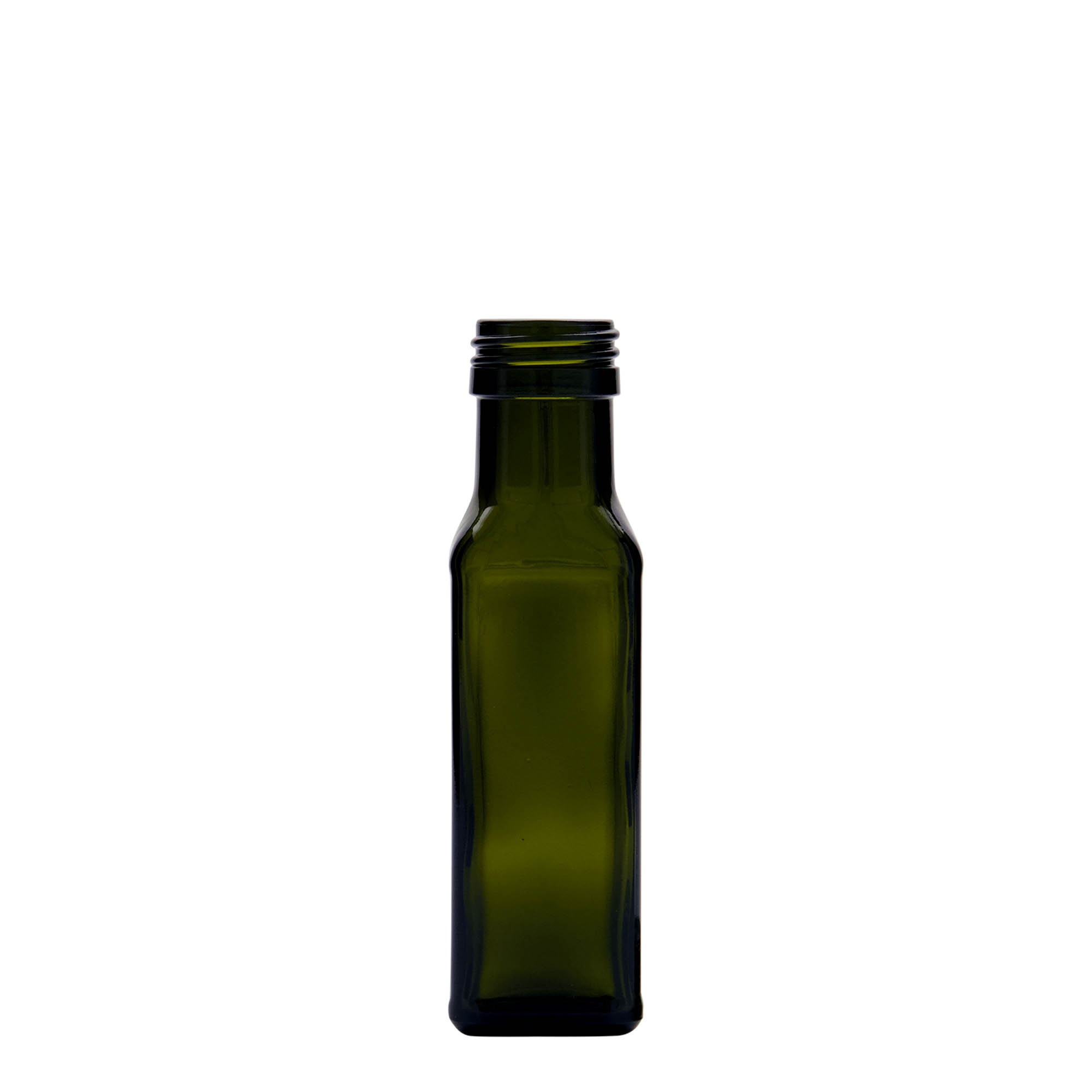 Flacon en verre 100 ml 'Marasca', carré, vert antique, ouverture : PP 31,5 Flacon en verre 100 ml 'Marasca', carré, vert antique, ouverture : PP 31,5