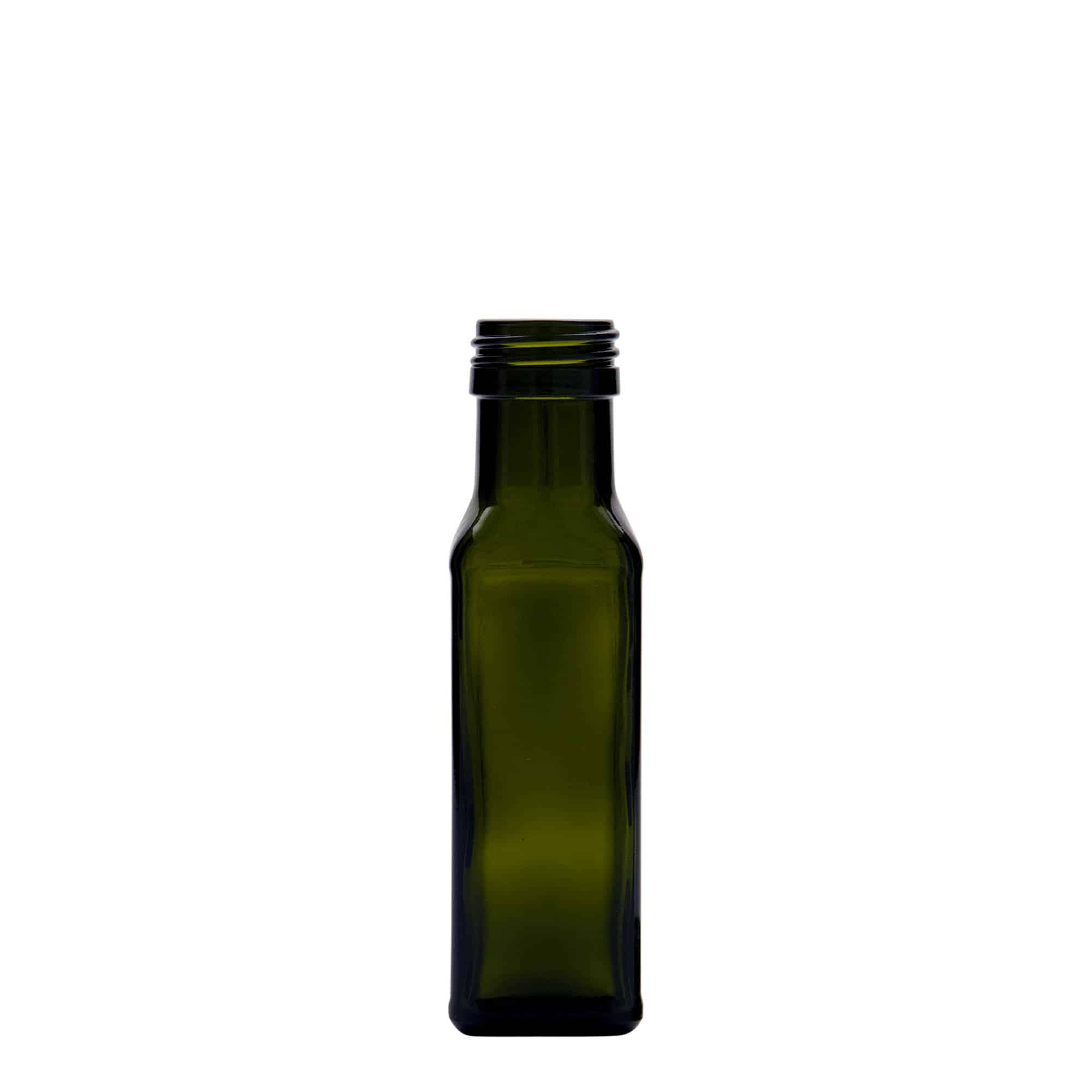 Flacon en verre 100 ml 'Marasca', carré, vert antique, ouverture : PP 31,5 Flacon en verre 100 ml 'Marasca', carré, vert antique, ouverture : PP 31,5