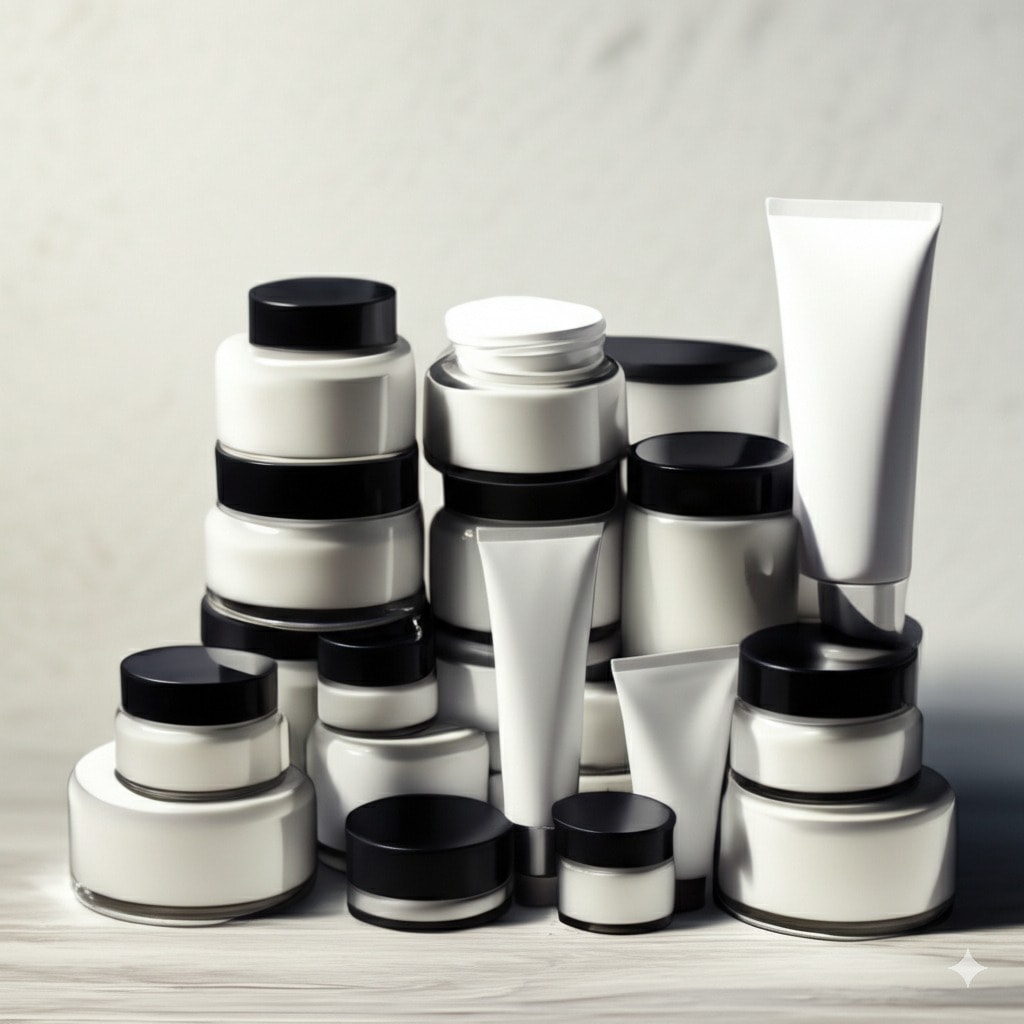 Weiße Kosmetiktuben und Tiegel mit schwarzem Deckel stehen vor einer grauen Wand