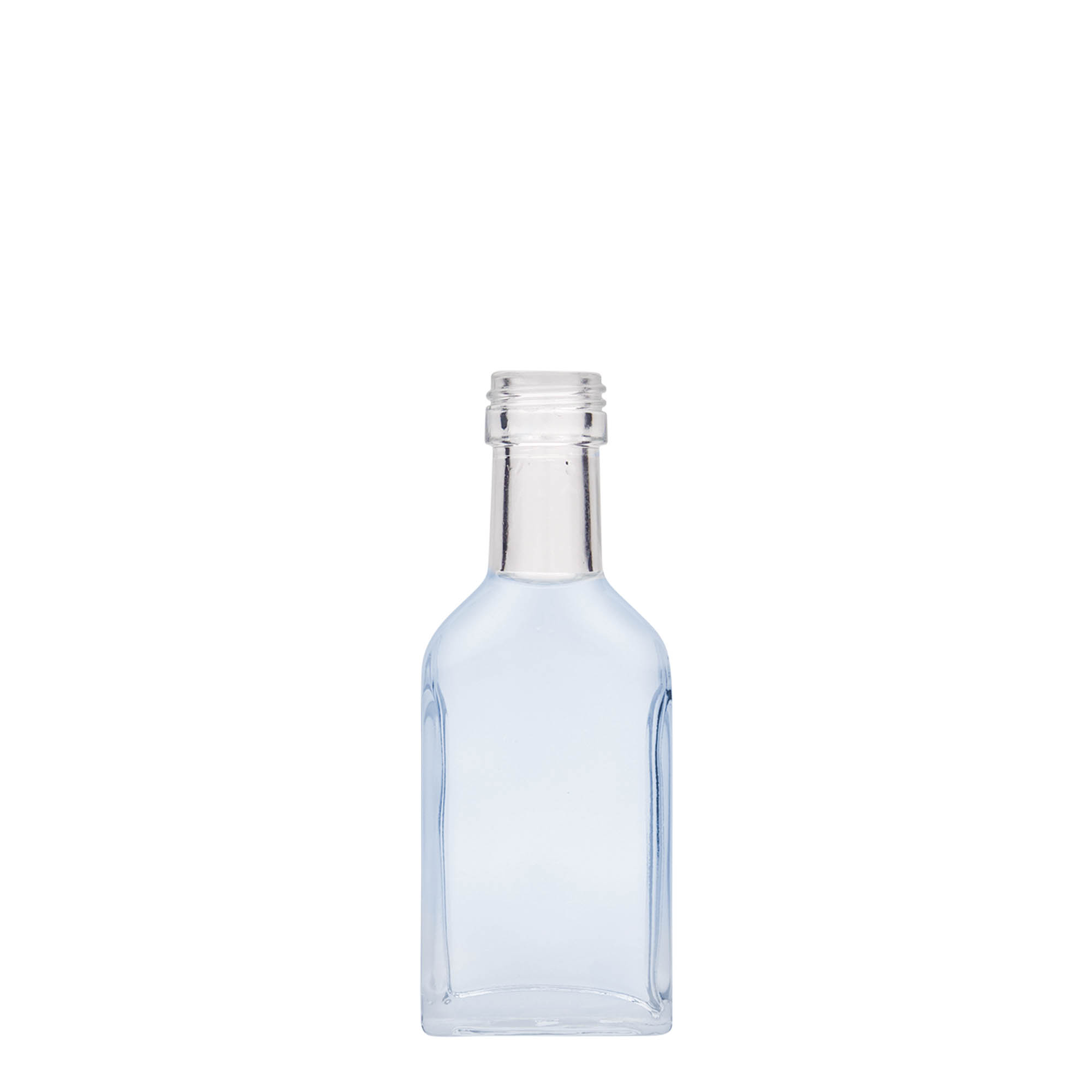 Flacon de poche 40 ml col long, rectangulaire, verre, ouverture : PP 22 Flacon de poche 40 ml col long, rectangulaire, verre, ouverture : PP 22