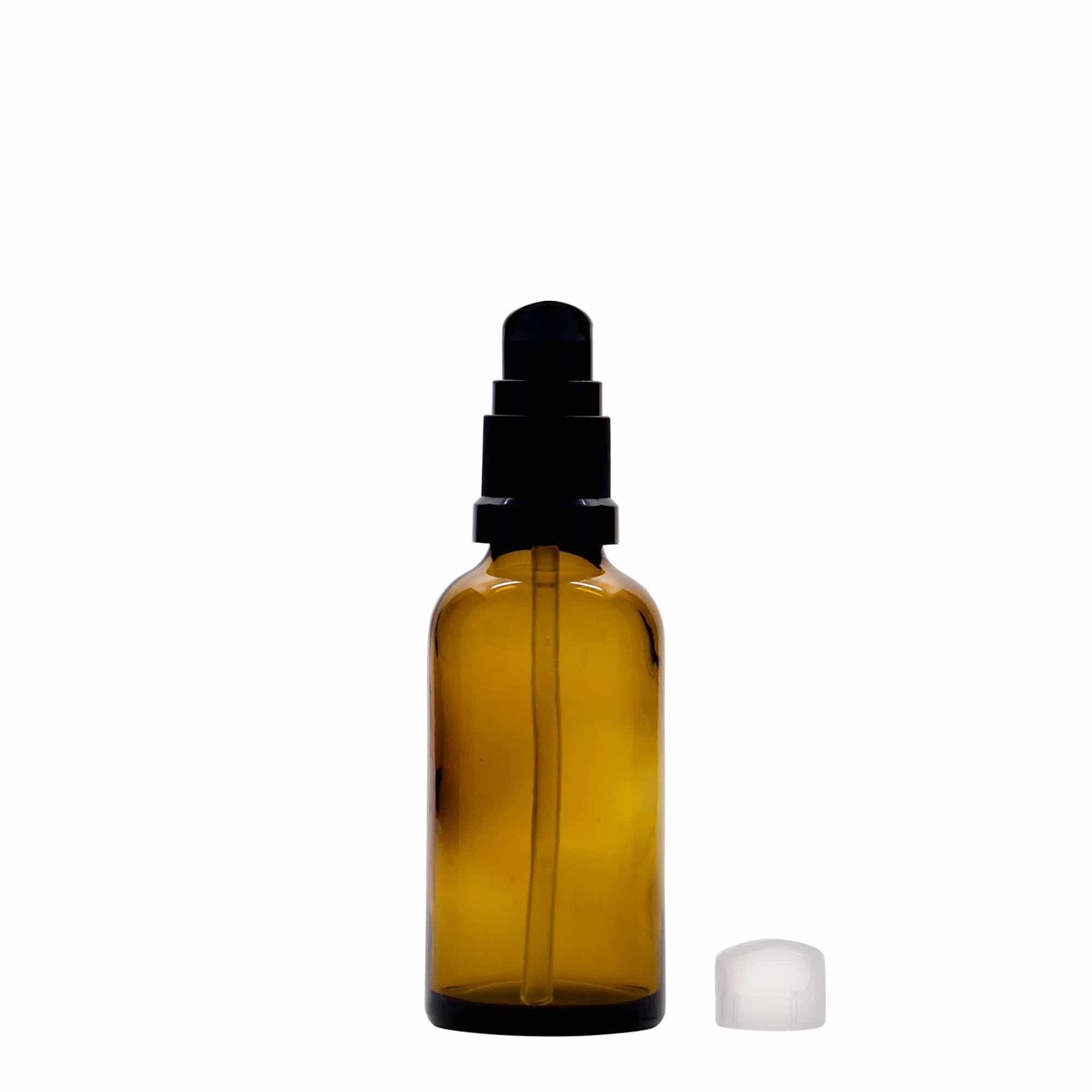 Flacon pharmaceutique 50 ml avec pompe de lotion, verre, marron, col : DIN 18