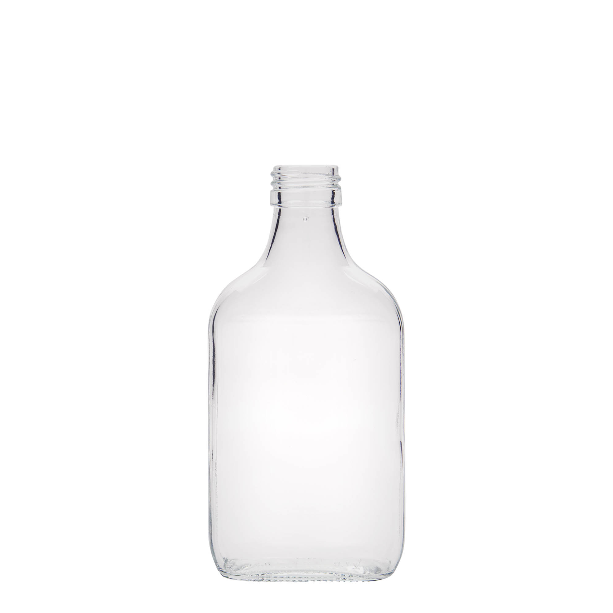 Flacon de poche 200 ml, rectangulaire, verre, ouverture : PP 28 Flacon de poche 200 ml, rectangulaire, verre, ouverture : PP 28