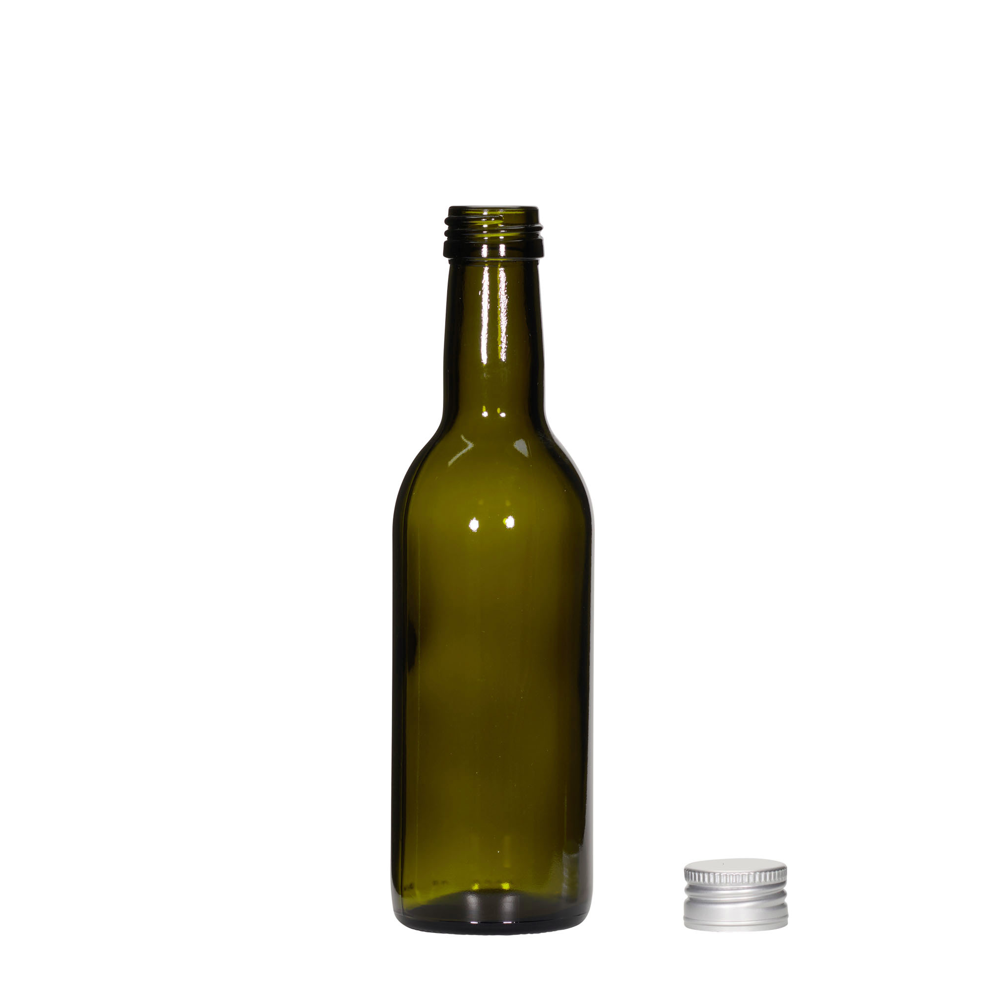 Flacon en verre 250 ml 'Bordeaux', vert antique, ouverture : PP 28 Flacon en verre 250 ml 'Bordeaux', vert antique, ouverture : PP 28