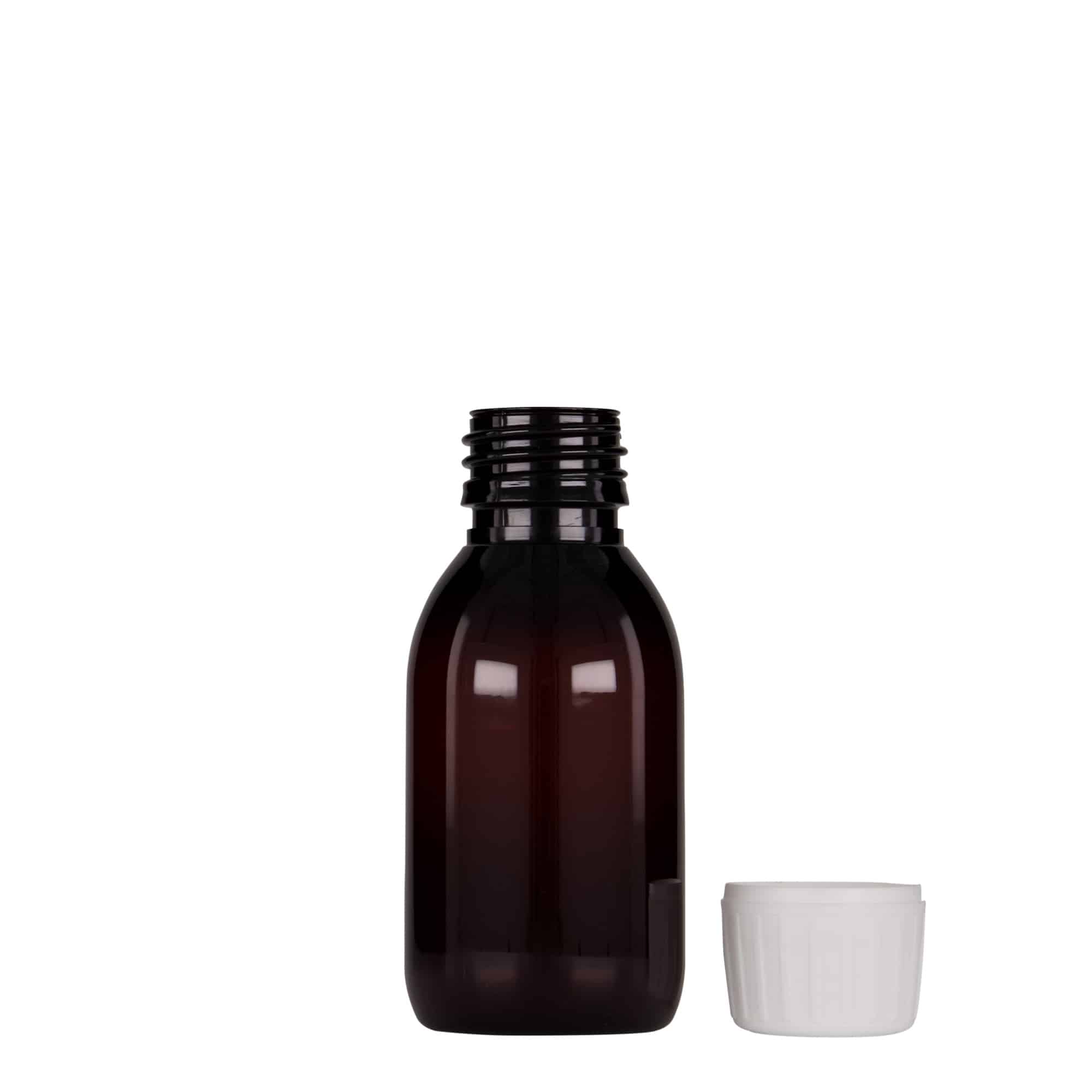 Flacon médical PET 100 ml, brun, plastique, ouverture : PP 28